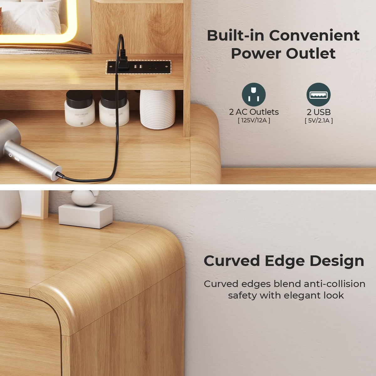 Vanity Desk with Mirror & Lights, 8 Drawers & Charging Station, Natural
