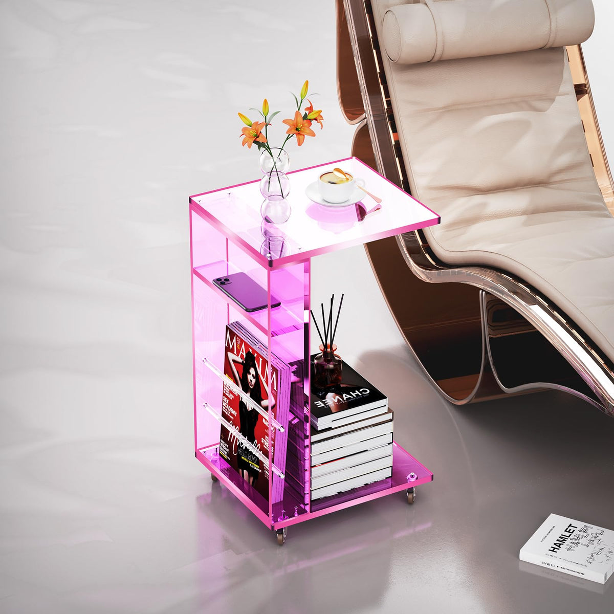Clear Acrylic Side Table on Lockable Wheels, C Shaped End Table for Sofa, Small Coffee Tables for Small Spaces (Pink)