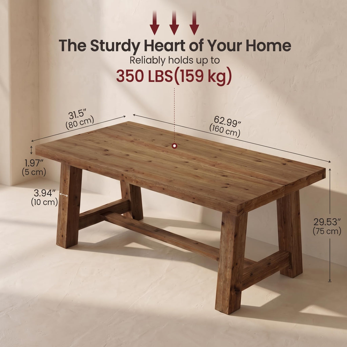 TRIBEWOOD 63-Inch Solid Wood Rectangular Dining Table for 4-6 People