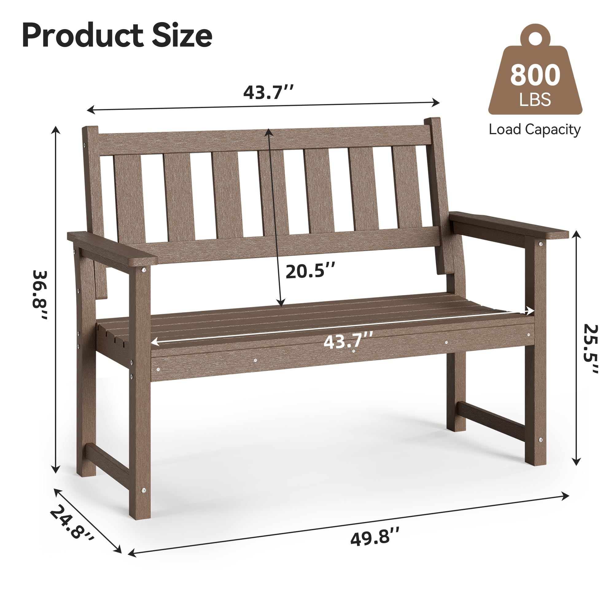 ACUEL 50" HDPE Outdoor Bench, 2-Person Poly Lumber Weatherproof Patio Garden Bench Seating with 800 lbs Weight Capacit, Bench for Porch, Backyard, Lawn, Park, Balcony and Church Furniture (Brown)