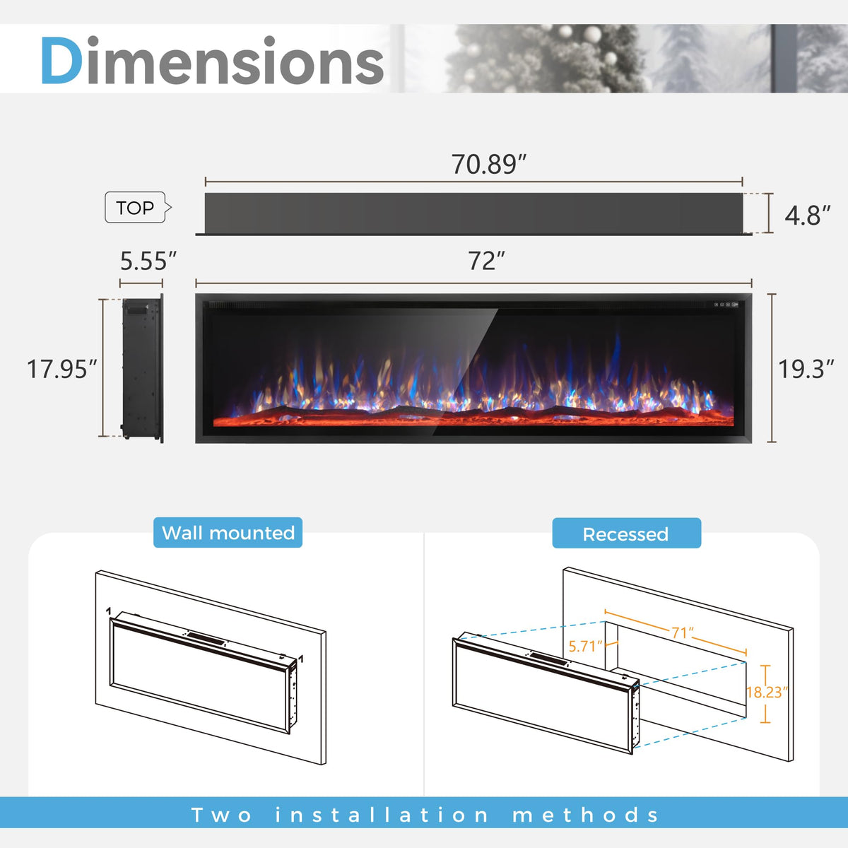 72" Electric Fireplace Inserts/Wall Mounted Ultra-Narrow Bezel Fireplace