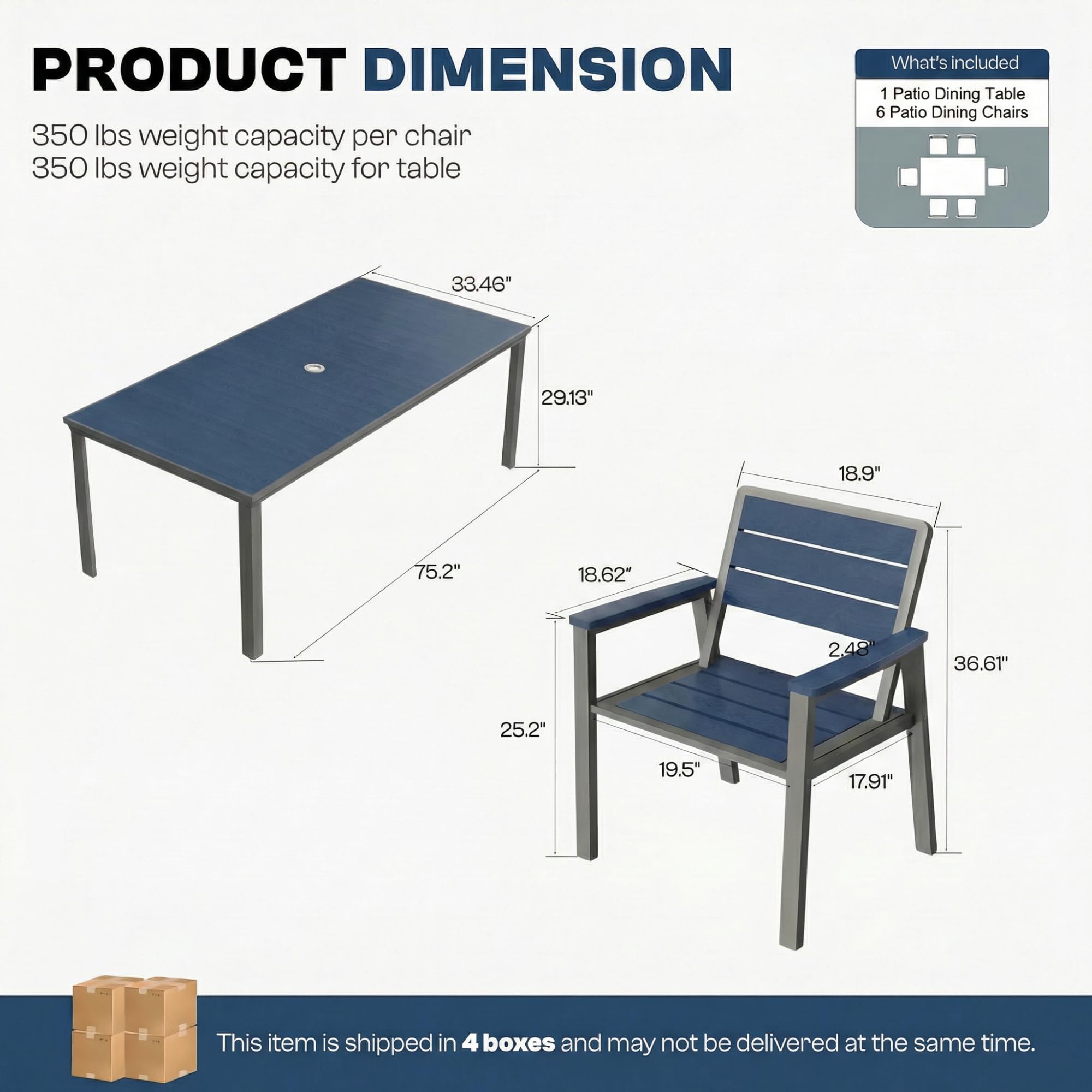 Patio Kingdom 7 Piece Patio Dining Set for 6, Outdoor HDPE Table and Chairs with Umbrella Hole, All Weather Outdoor Furniture for Backyard, Deck, Lawn, Poolside, Blue