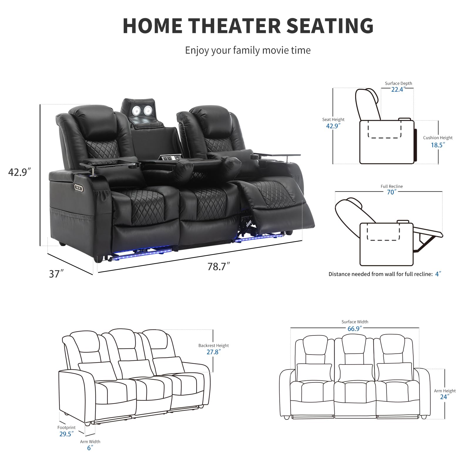 Home Theater Power Recliner Seating with LED Lighting