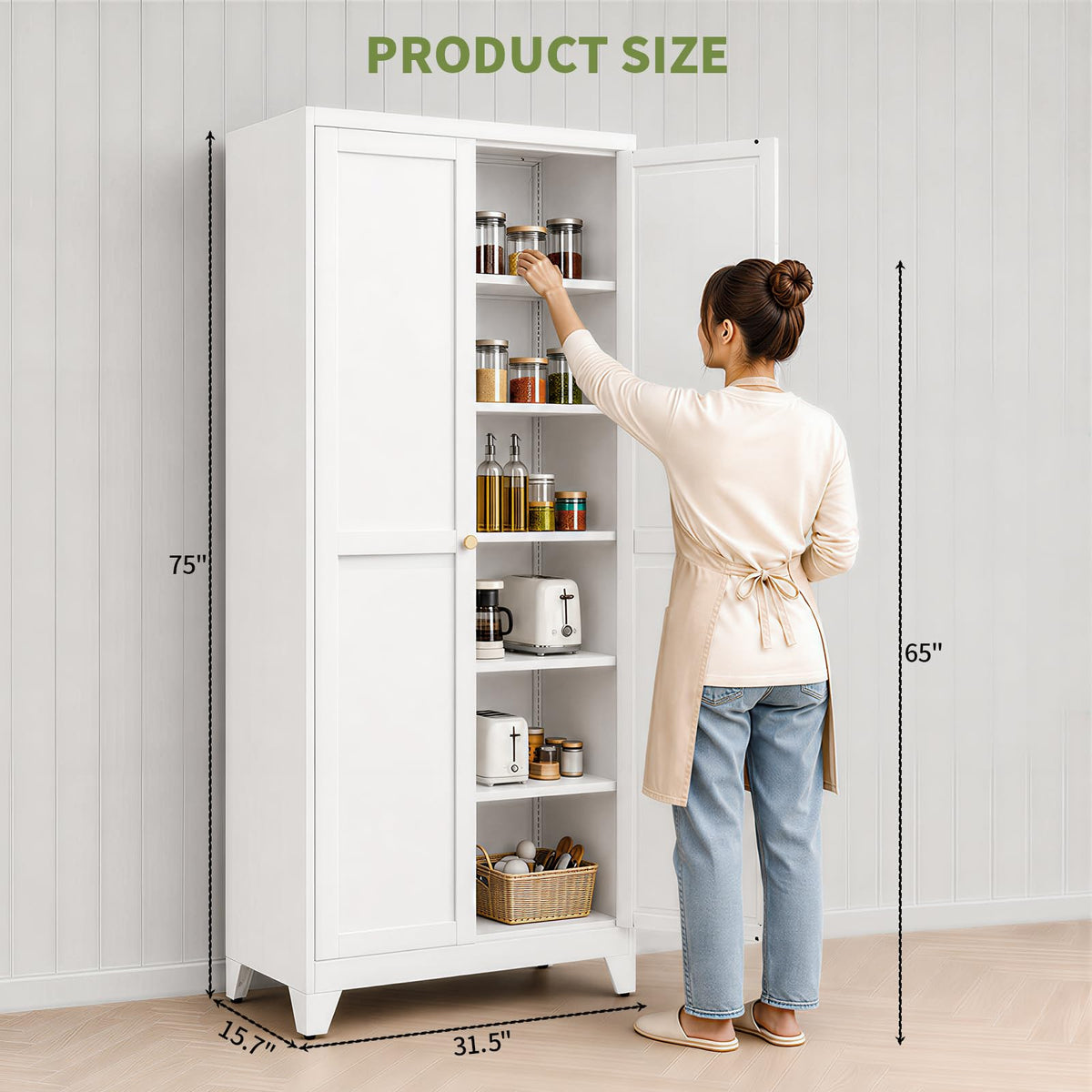 Bayunity 75" White Metal Pantry Cabinet with Doors & 5 Adjustable Shelves
