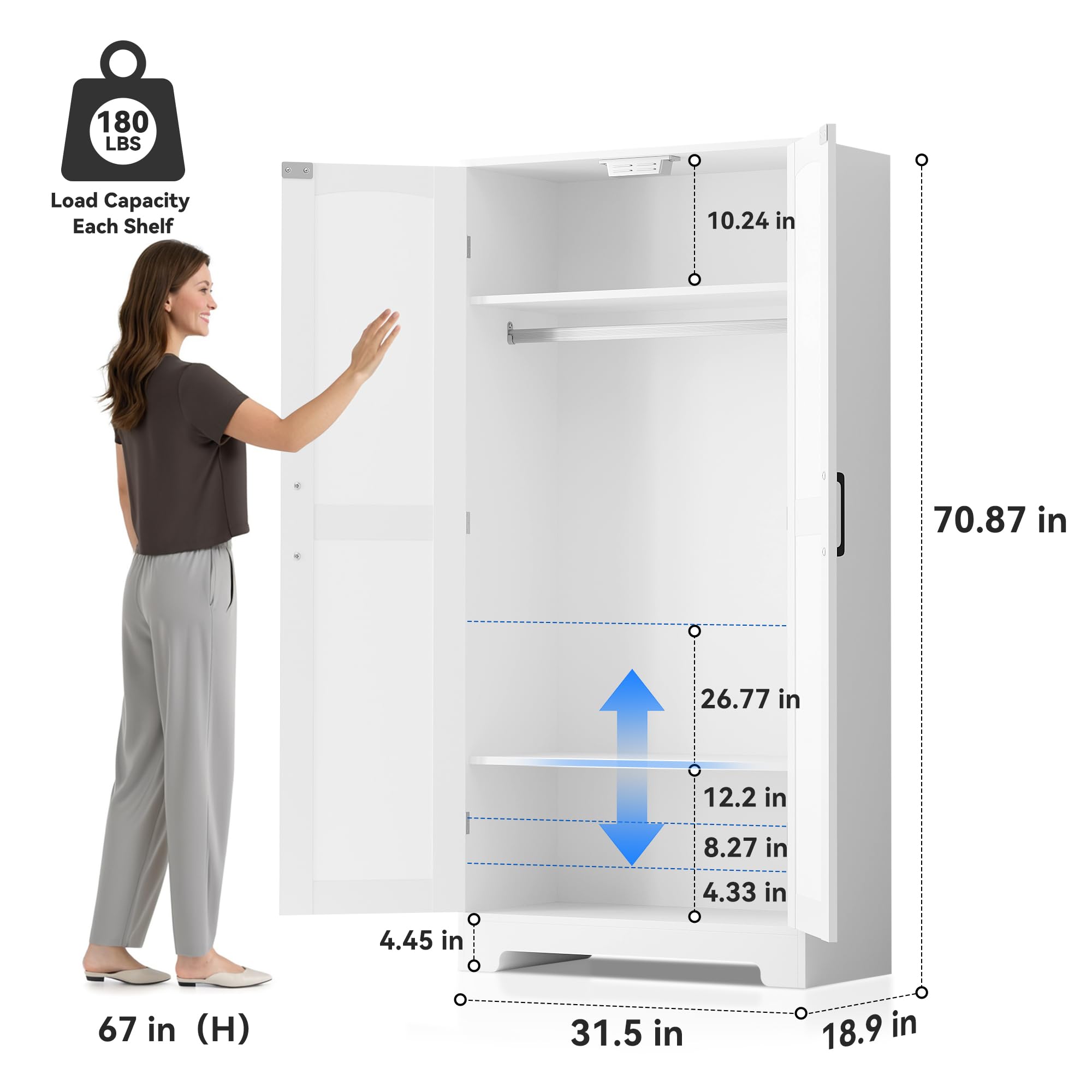 Wooden Armoire Wardrobe Closet, Wardrobe Cabinet with Door and Shelves, Freestanding Bedroom Armoires Clothing Storage Cabinet with Hanging Rod for Bedroom, Laundry Room, Cloak Room（White）