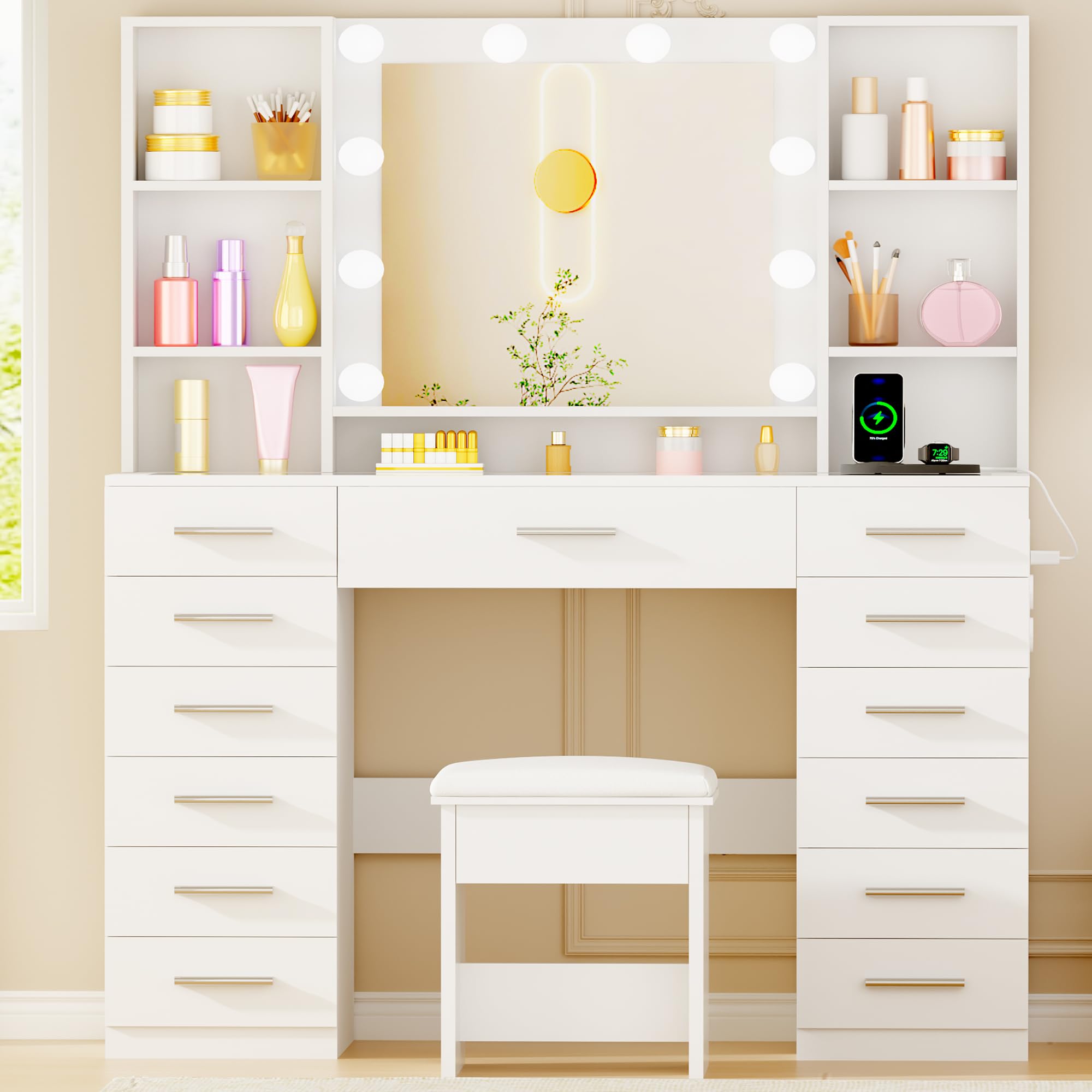 ANWBROAD Large Vanity Desk with Mirror and Lights, White Makeup Vanity Desk with Glass Top,13 Drawers,7 Open Shelves, 3 Colors Dressing Table with Stool Power Outlet for Bedroom Women UBDT18X