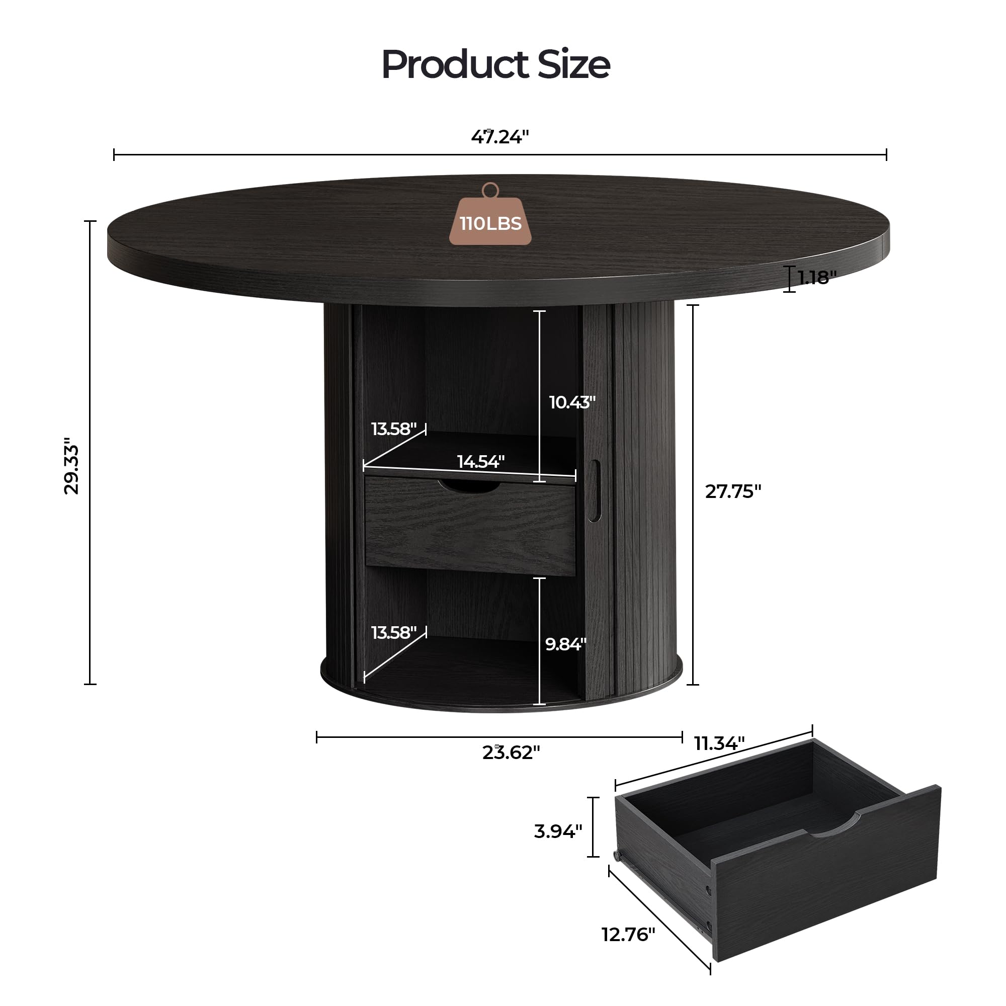 47 Inch Round Dining Table for 4-6, Farmhouse Kitchen Table with 2-Layer Storage Shelf & Drawer and Sliding Door, Sturdy Wooden Dining Table with Fluted Pedestal Base for Kitchen, Living Room, Black