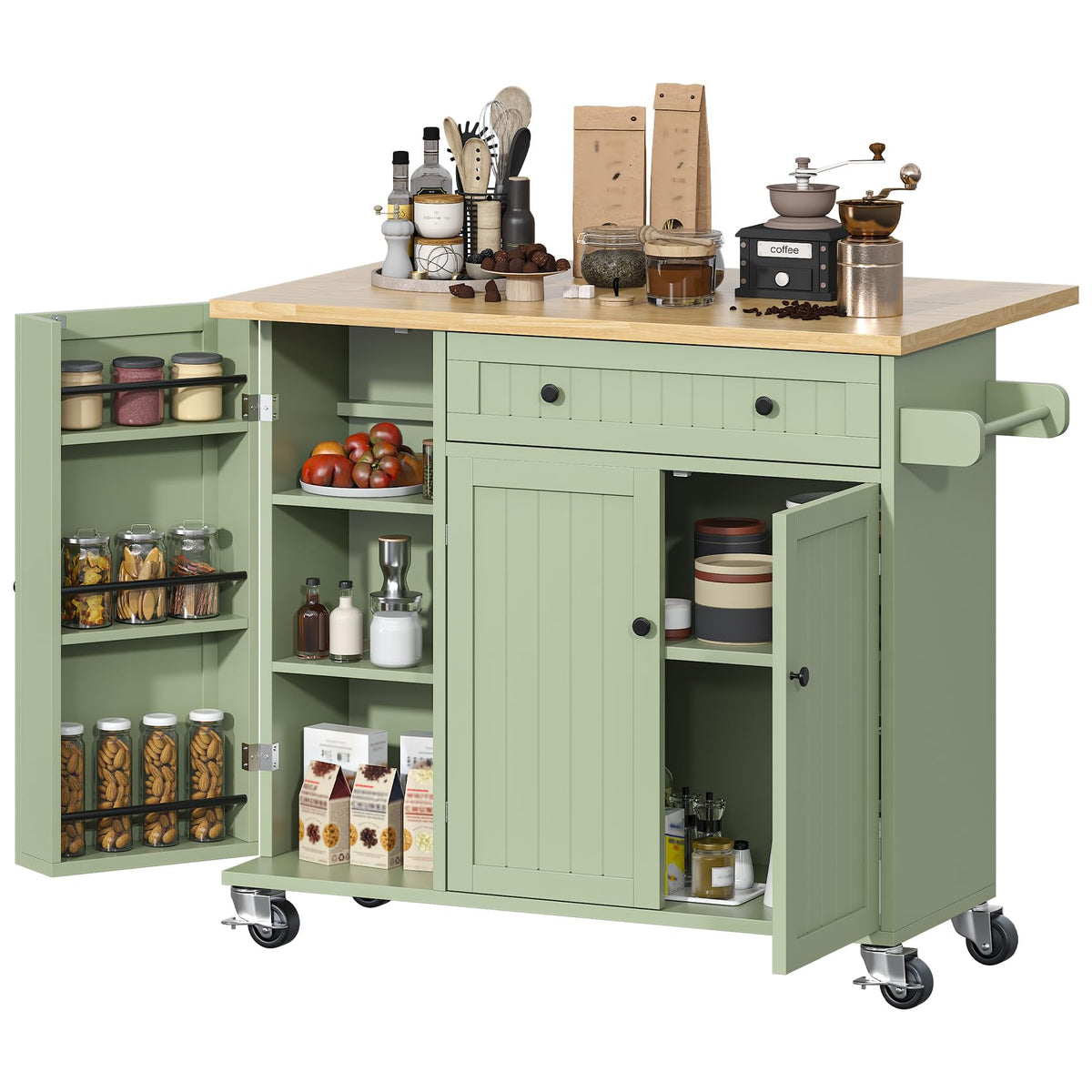 Bigbiglife Kitchen Island with Drop Leaf, Island Table on Wheels with Storage Cabinet, Modern Sideboard Buffet with Doors, Rolling Kitchen Island Cart for Dinning Room,Green