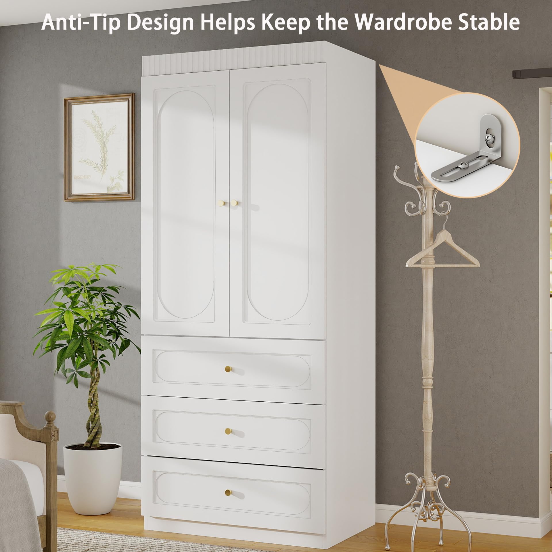 Vrmuxita Armoire Wardrobe Closet with Drawers: 74" Tall White Wardrobe Closet with Doors, Large Bedroom Armoires for Clothes, Wood Closets for Hanging Clothes (31.5 in-2 Doors)