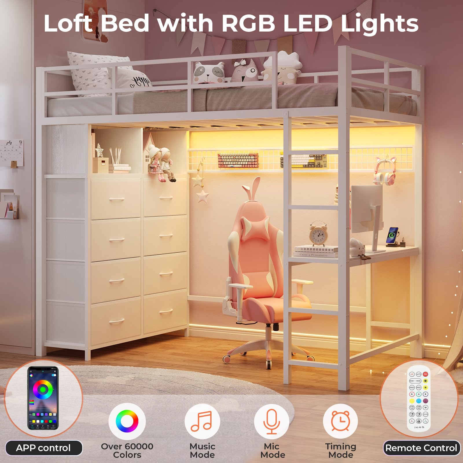 Twin Loft Bed with Desk, 8 Storage Drawers & LED Lights