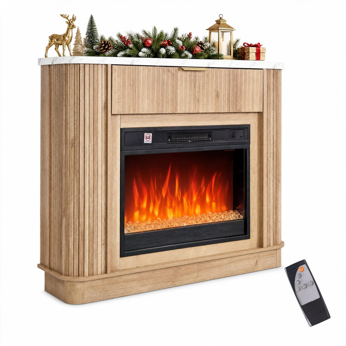 NORTHSKY 39" Farmhouse Electric Fireplace with Mantel, 23" Insert 9‑Color LED Crystal Flame Effect, Freestanding Curved Fluted Wood Fireplace Heater W/Storage&Remote Control for Living Room Bedroom