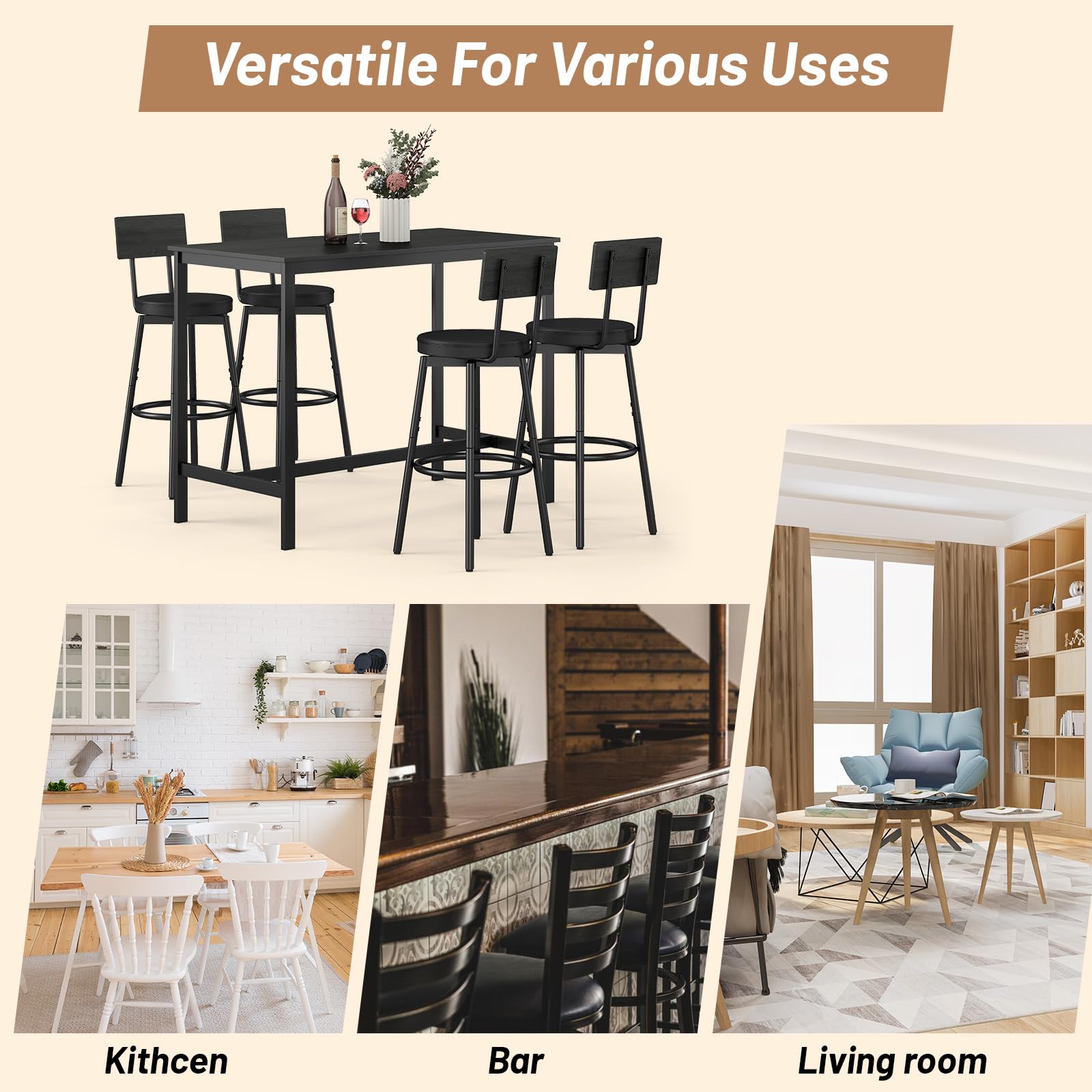 5-Piece Counter Height Bar Table Set for 4