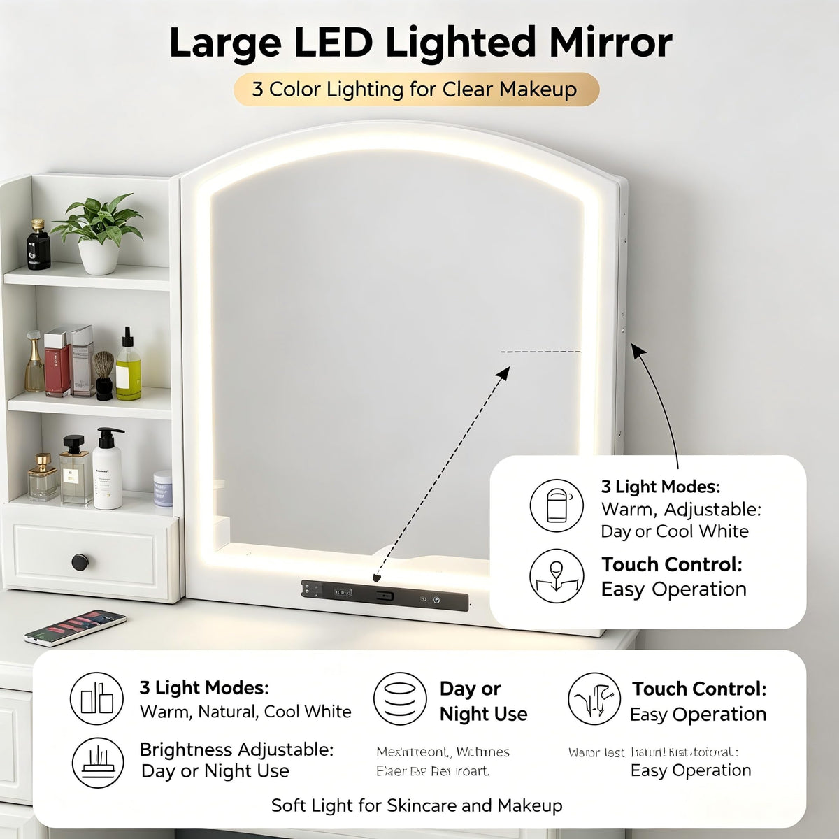 PVWIIK Vanity Desk with LED Lighted Mirror, 3 Dimmable Light Modes, Makeup Vanity Set with Chair, 6 Drawers & Open Storage Shelves, White Dressing Table for Bedroom