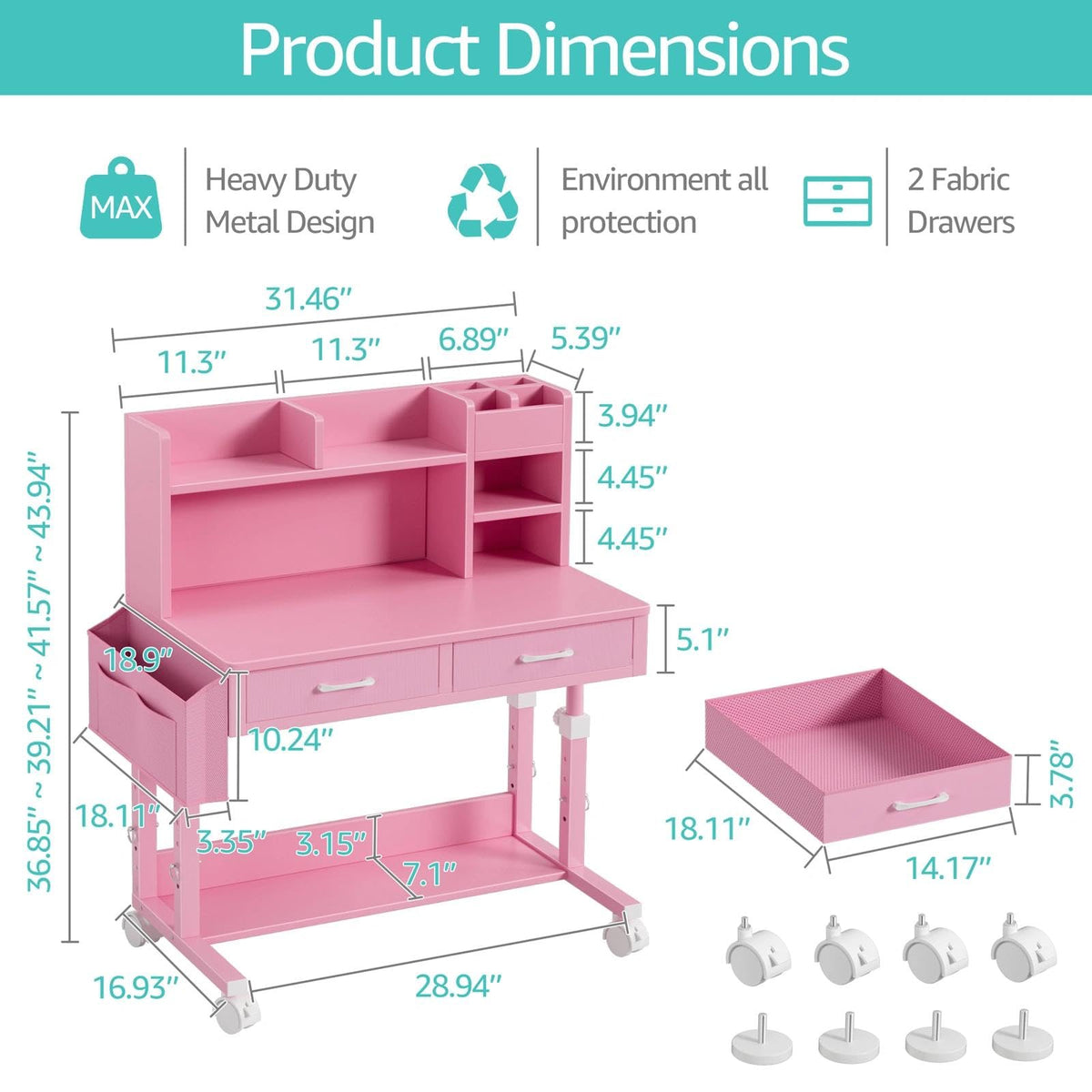 Pink Kids Desk with Hutch, 32" Height Adjustable Mobile Rolling Girls Desk