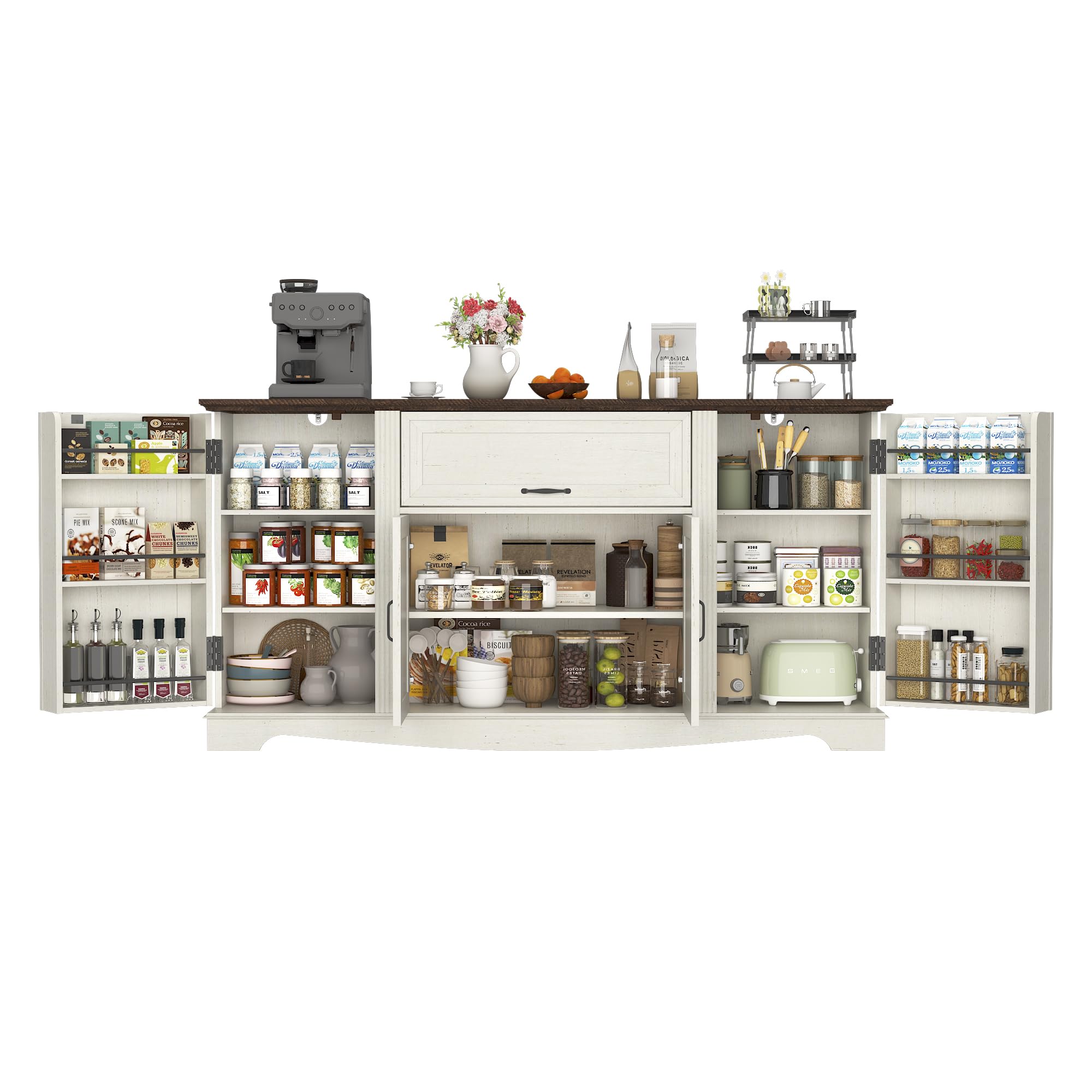 65" Sideboard Buffet Cabinet with Storage, Farmhouse Kitchen Pantries Sideboard Cabinets with Drawer, Wood Coffee Bar Cabinet with Adjustable Shelves, Storage Cabinets for Kitchen, Antique White