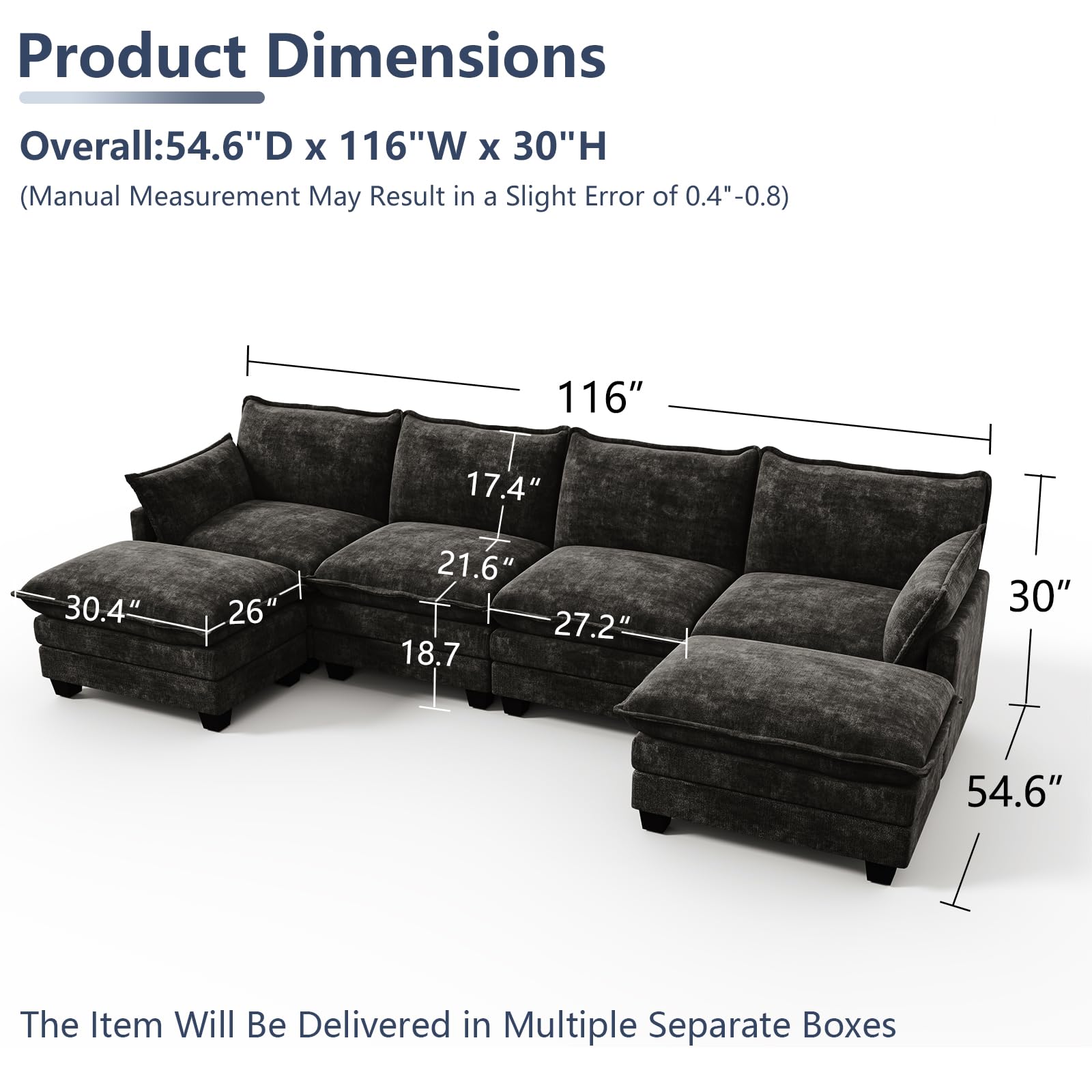 OhaiAura U Shaped Modular Sectional Sofa, Cloud Couch with Movable Ottoman, Comfy Chenille Sofa with Pillows for Living Room, Bedroom, Apartment, Black