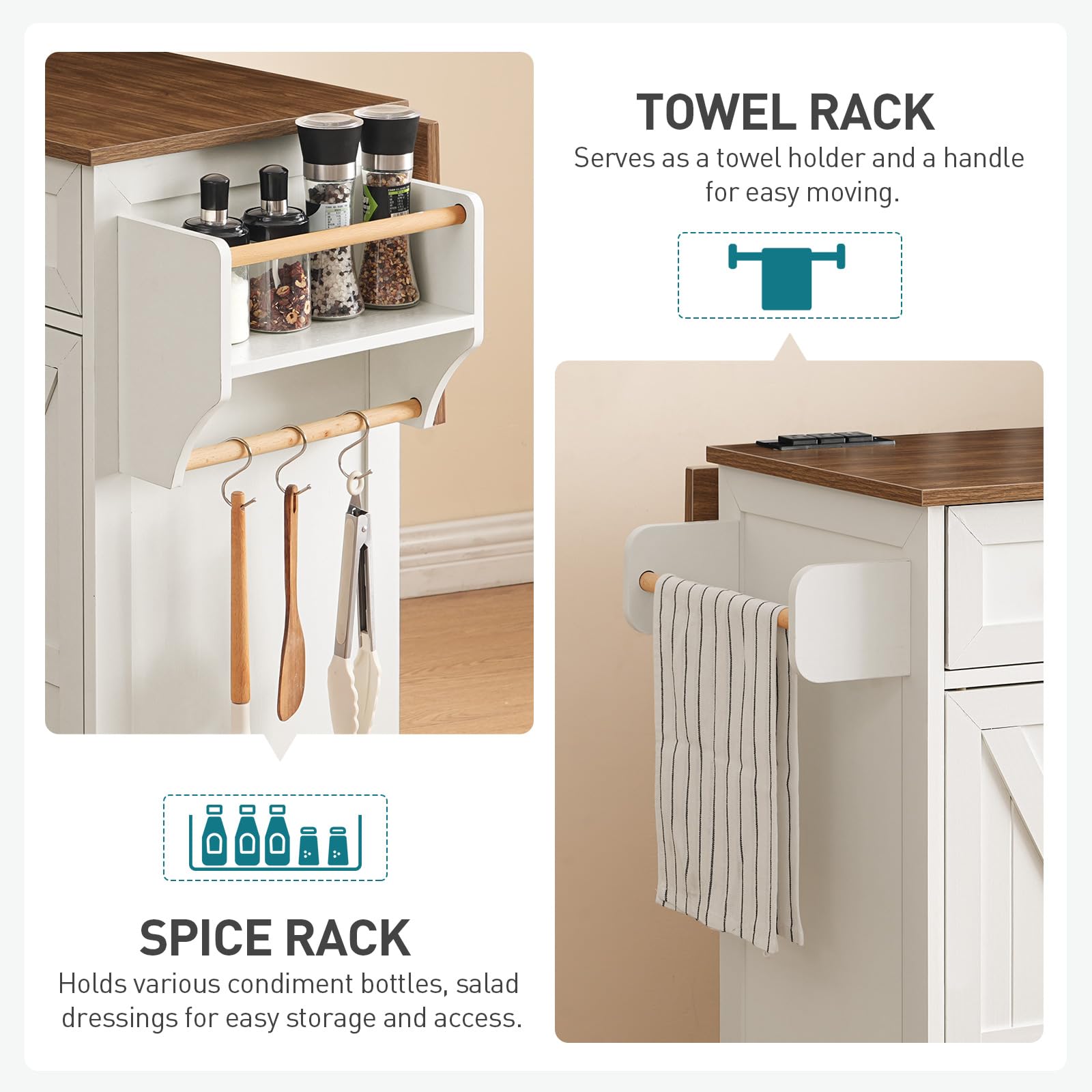 RALGEND Kitchen Island with Drop Leaf & Power Outlet, Rolling Kitchen Island Cart On Wheels, Barn Door Kitchen Island Table with Storage and Tower Rack, Island Table for Kitchen, White and Walnut