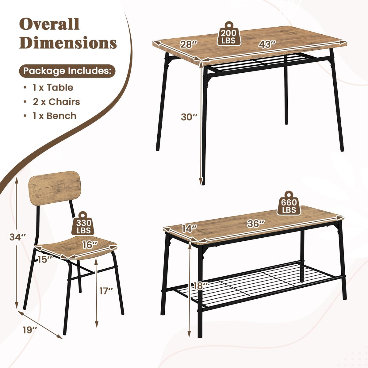 GOFLAME 4-Piece Dining Table Set for 4, Industrial Rectangular Kitchen Table with Bench and 2 Chairs, Storage Racks, Metal Frame, Space-Saving Dinette Set for Dining Room, Living Room, Breakfast Nook