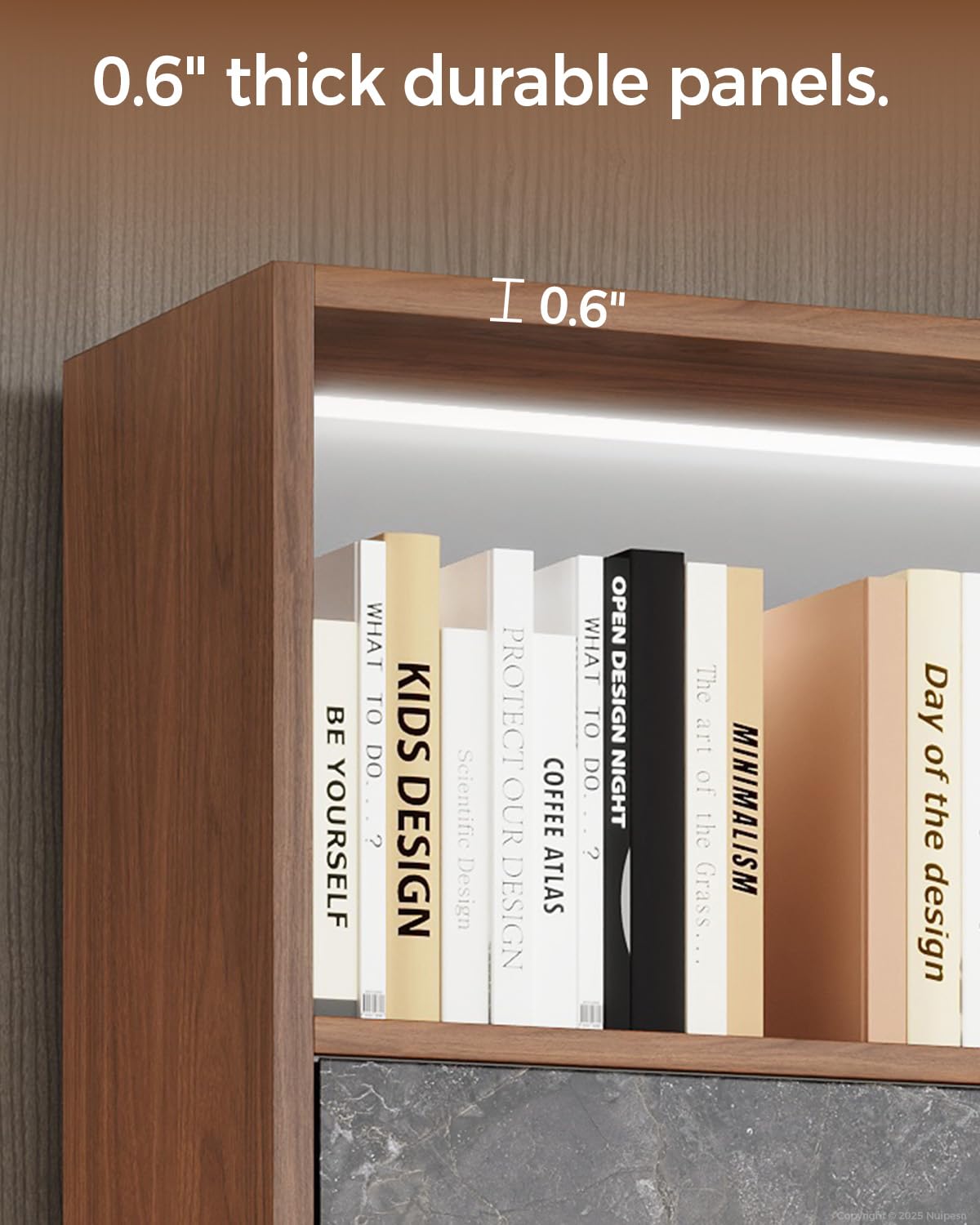 Nuipesn 94" Walnut File Cabinet with Sliding Door & LED, Large Wood Bookcase with Drawers, Modern Office Storage Cabinet & Shelving Unit for Executive Office, Home Office or Study