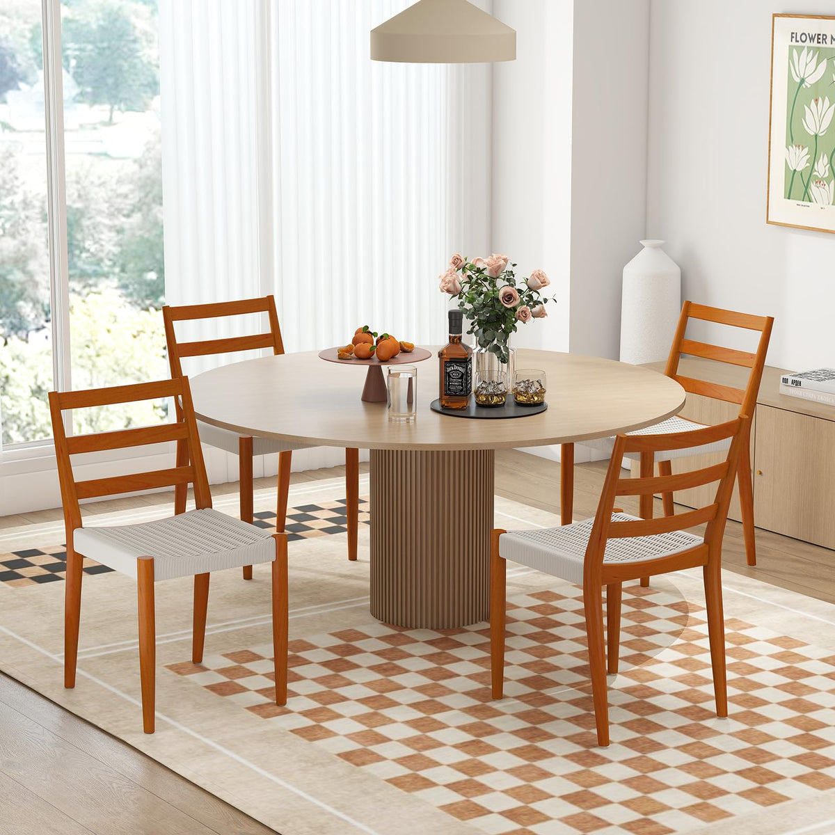 Bonzy Home Wood Rattan Armless Dining Chairs Set of 6, Brown&Beige