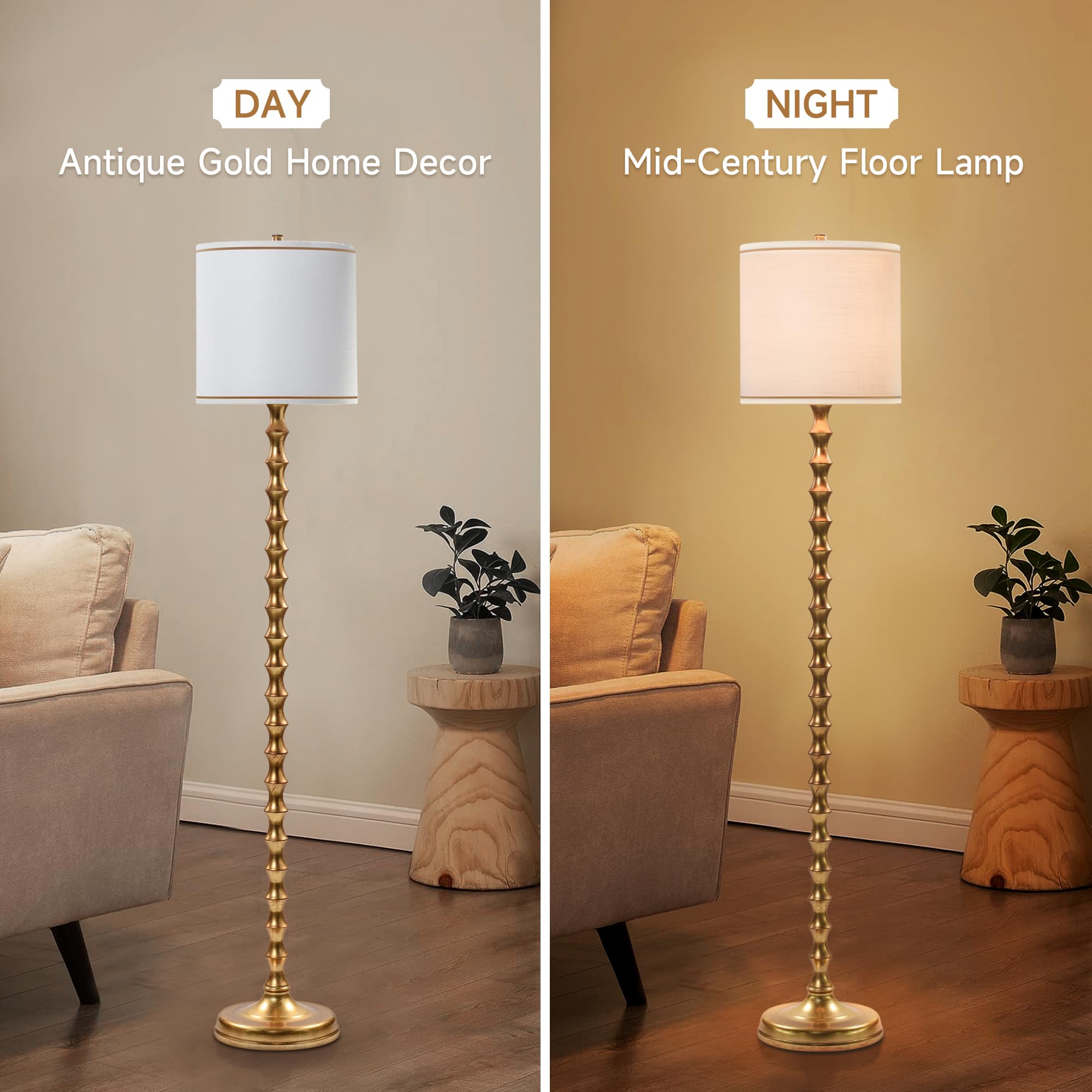 64.5" Vintage Gold Floor Lamp with Linen Drum Shade