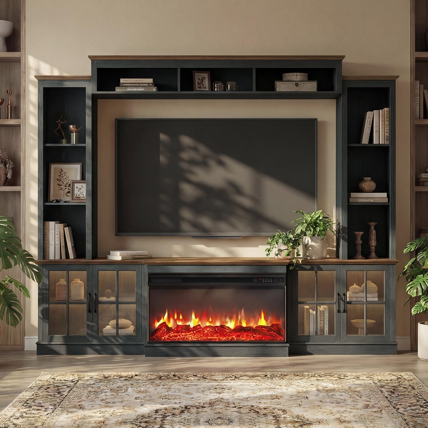 Nordivale 98" Farmhouse Fireplace TV Stand Entertainment Center with Bookshelf, Wall Unit Media Console with Power Outlets & Barn Doors, Fits TVs up to 75" for Living Room, Black