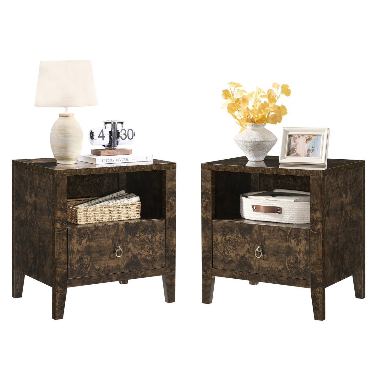 AMERLIFE Nightstand Set of 2 Mid Century Modern Bedside Table, Brown