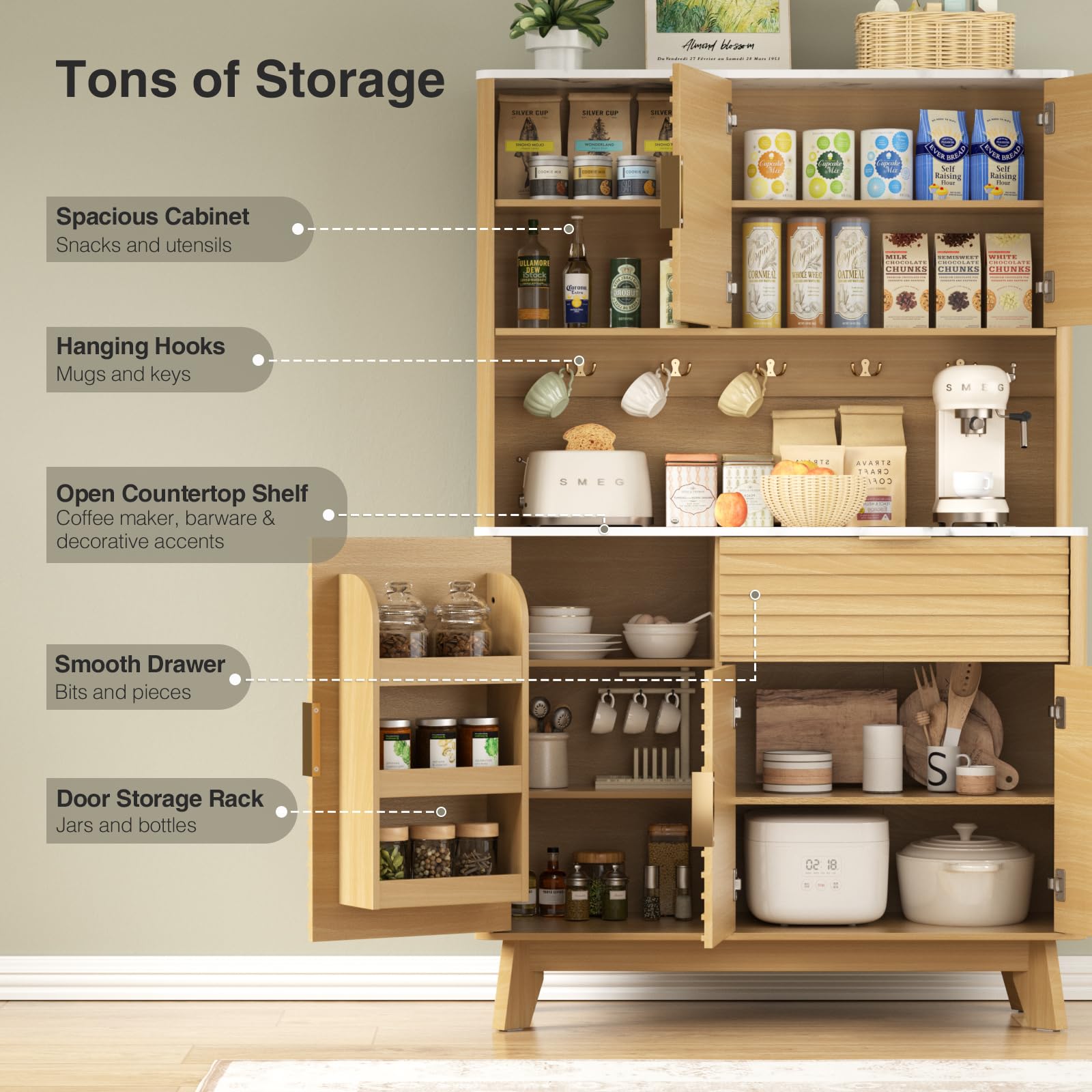 Vabches 65” Kitchen Pantry Storage Cabinet, Fluted Kitchen Hutch Cabinet with 4 Charging Stations and Large Countertop, Open Shelves & Drawers for Dining Room, Living Room,Modern, Natural