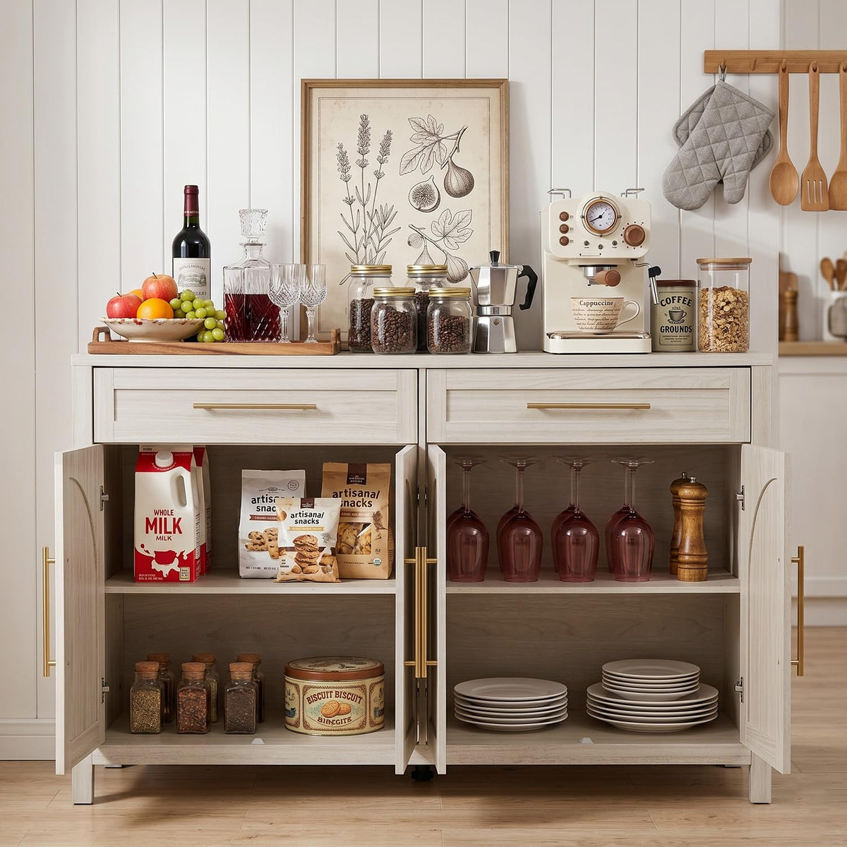 FNeL Mid-Century Modern Arched Sideboard, 55" Buffet Cabinet with Storage, 4-Door Accent Cabinet, Long Sideboard Buffet Table for Kitchen, Living Room, White