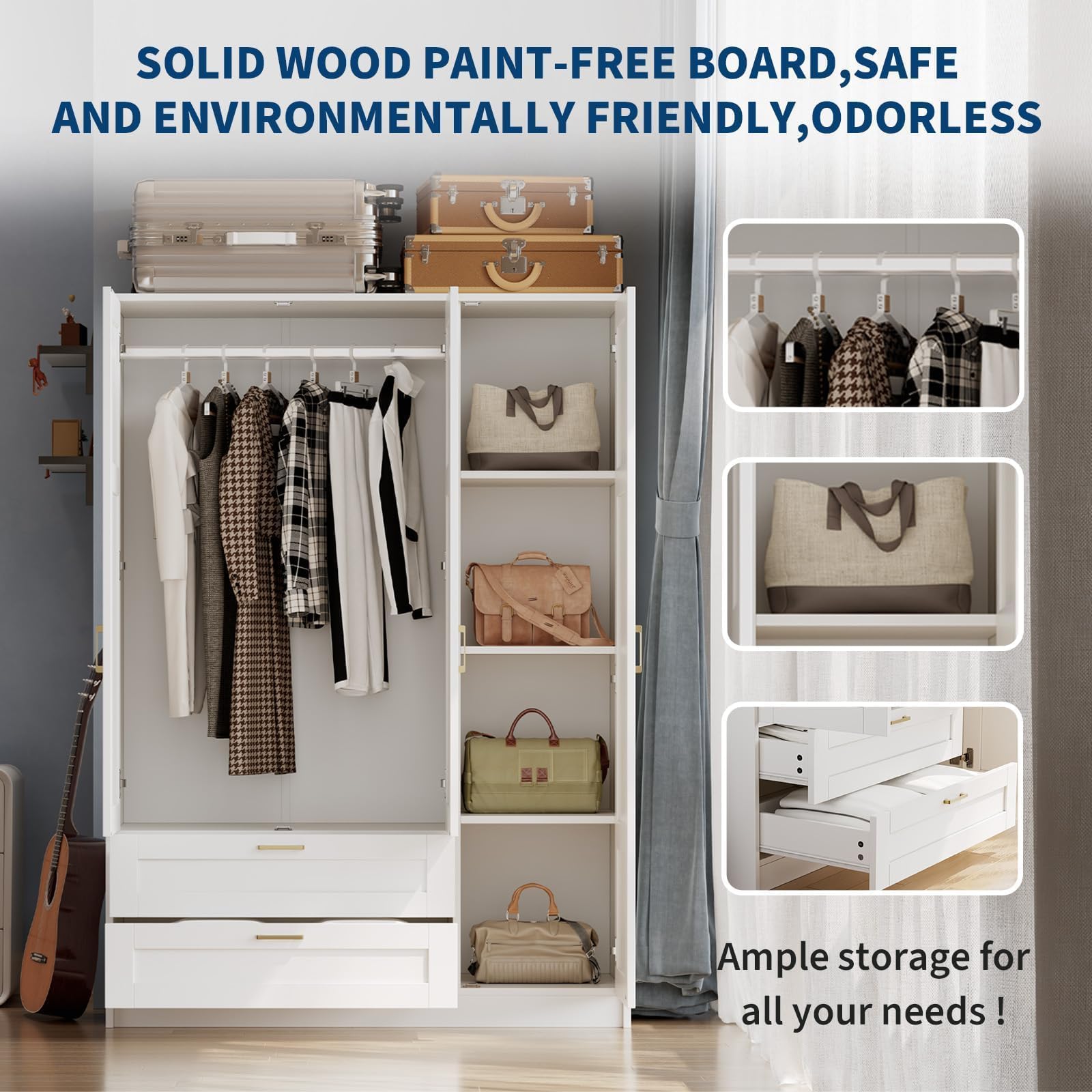 PeakPursuit Wooden Wardr.obe Closet Arm.oire, Freestanding Ward.Robe with 3 Doors, 2 Drawers for Hanging Clothes, Bedroom Large Capacity Freestanding Arm.oire