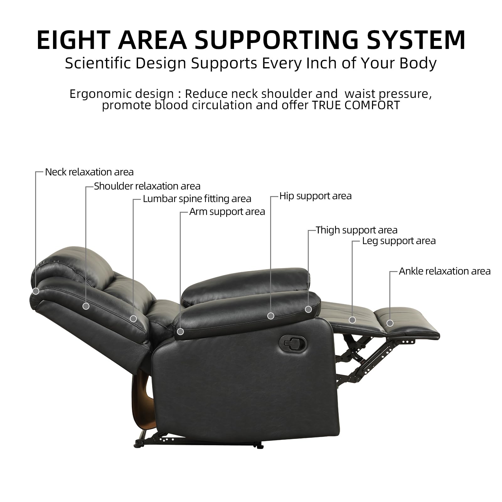 CANMOV Recliner Chair for Adults, Waterproof PU Leather Recliner, Soft Plush Overstuffed Manual Recliner with Footrest for Living Room Home Theater, Heavy Duty, Easy Clean(Black)