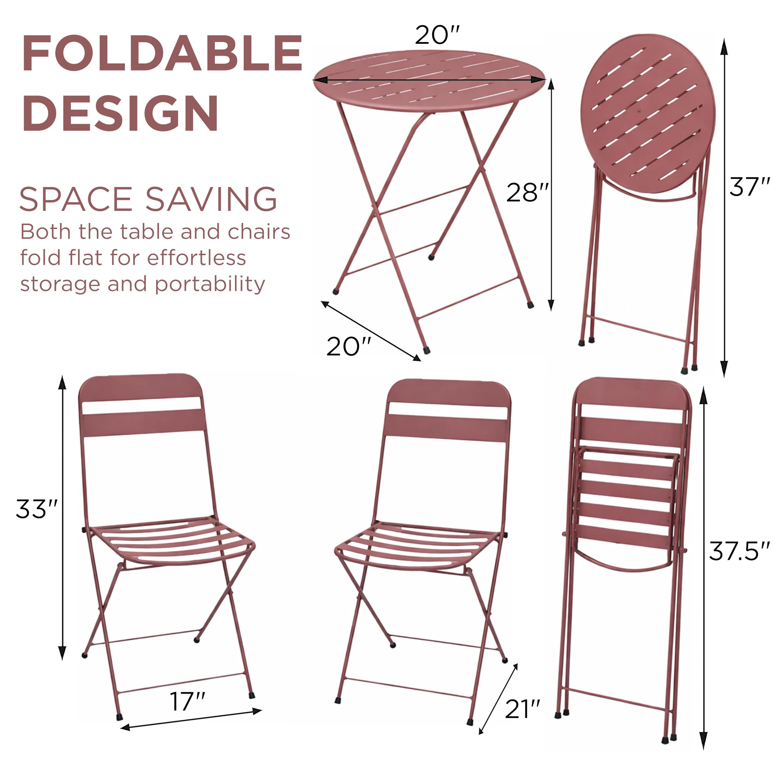 3-Piece Metal Folding Bistro Set with 20" Round Table & 2 Chairs