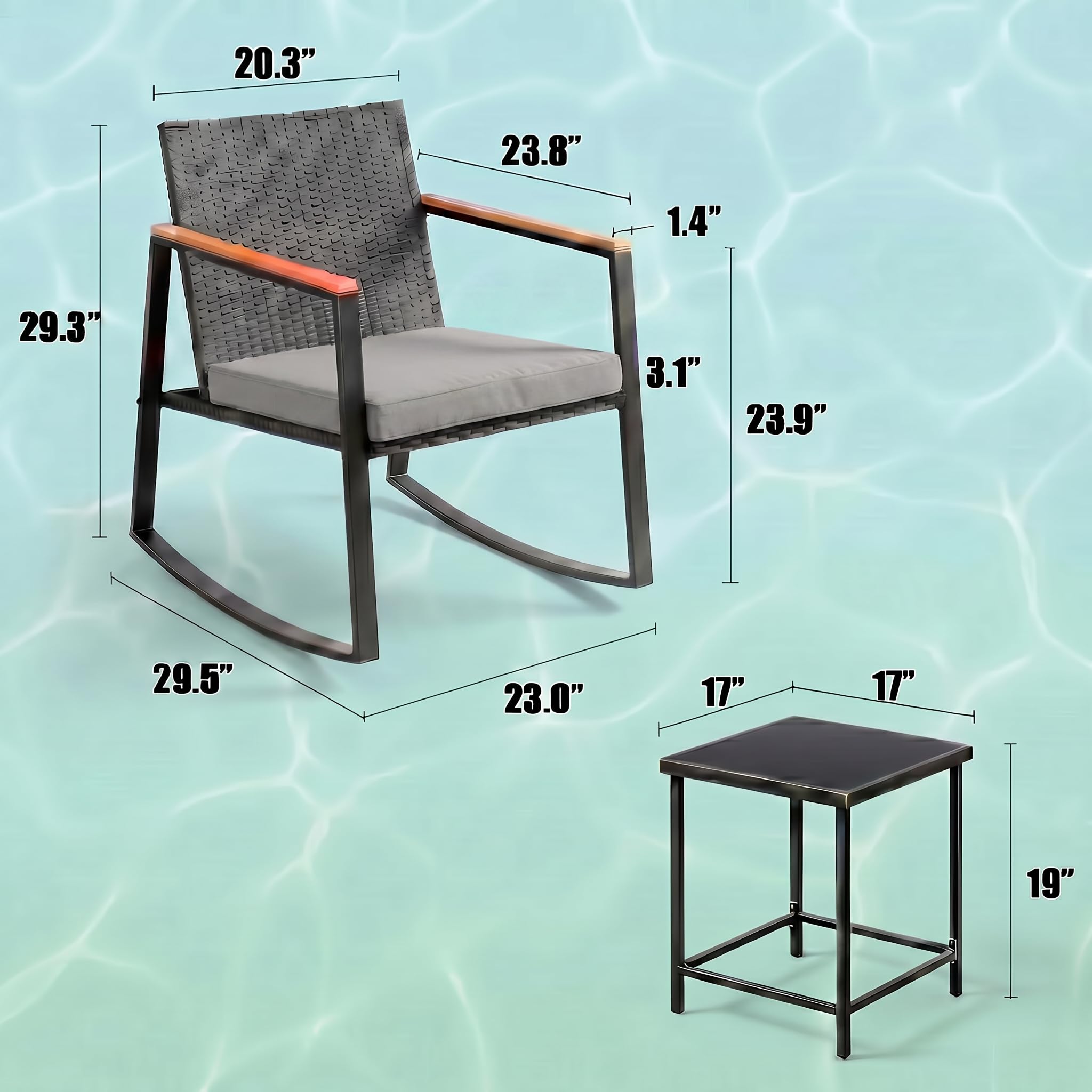 Gizoon 3 Pieces Rocking Patio Bistro Set with Anti-Scald Armrest, Outdoor Patio Wicker Furniture Set with Glass Table and Cushion for Garden, Yard, Porch