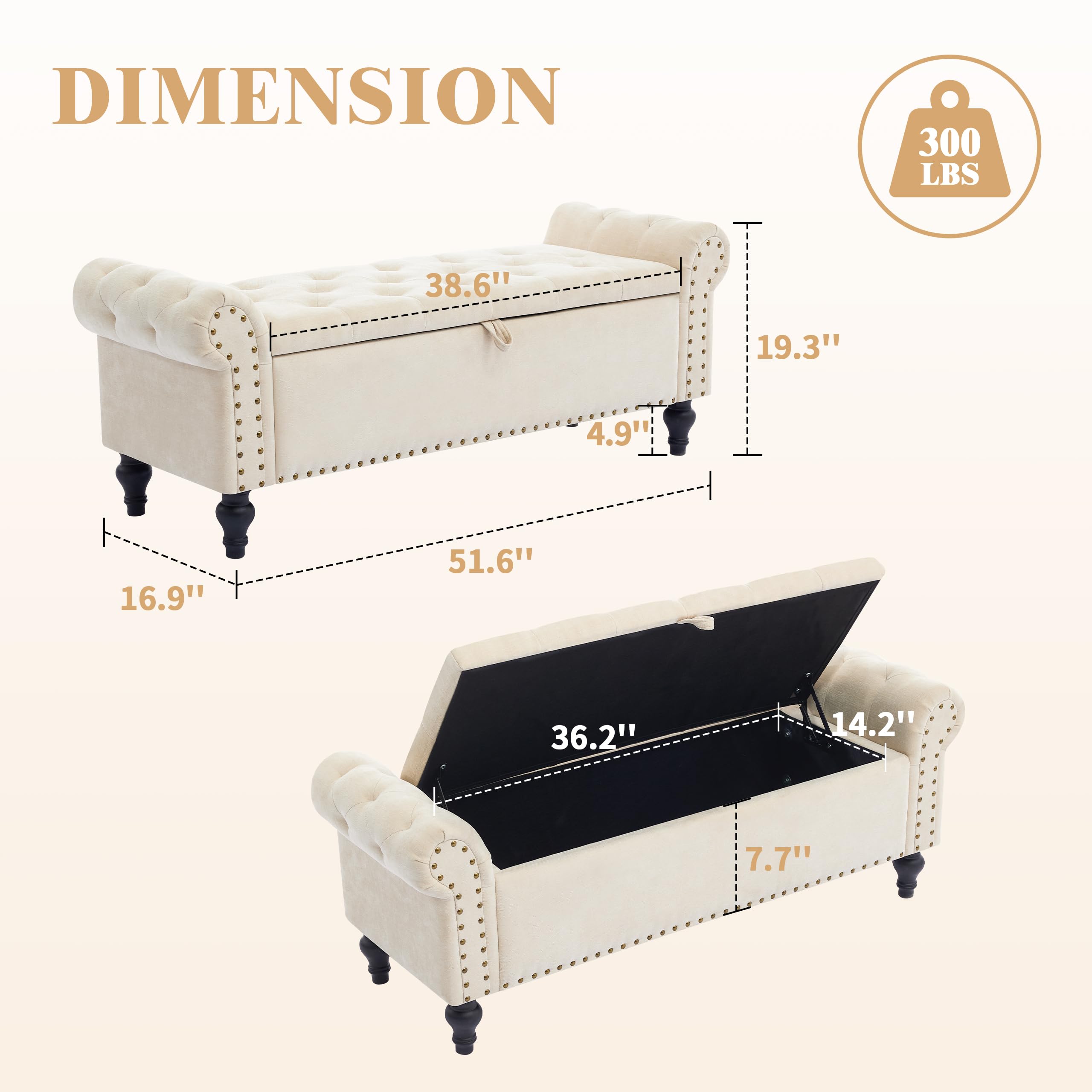 Dowiean 51" Storage Ottoman Bench, End of Bed Bench for Bedroom, Storage Ottomans for Foot of Bed, Chenille Upholstered Benches, Window Benches for Living Room, Entryway, Beige