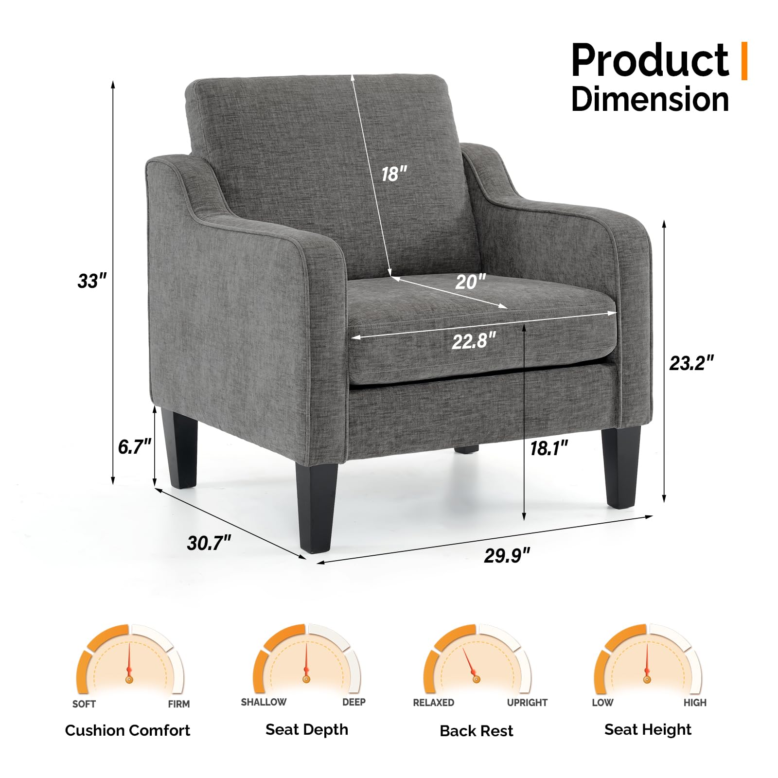 VINGLI Accent Chairs Set of 2 for Living Room, Light Grey Mid Century Modern Chair Soft Chenille Sofa Chair Upholstered Comfy Arm Chairs for Bedroom, Play Room, Apartment
