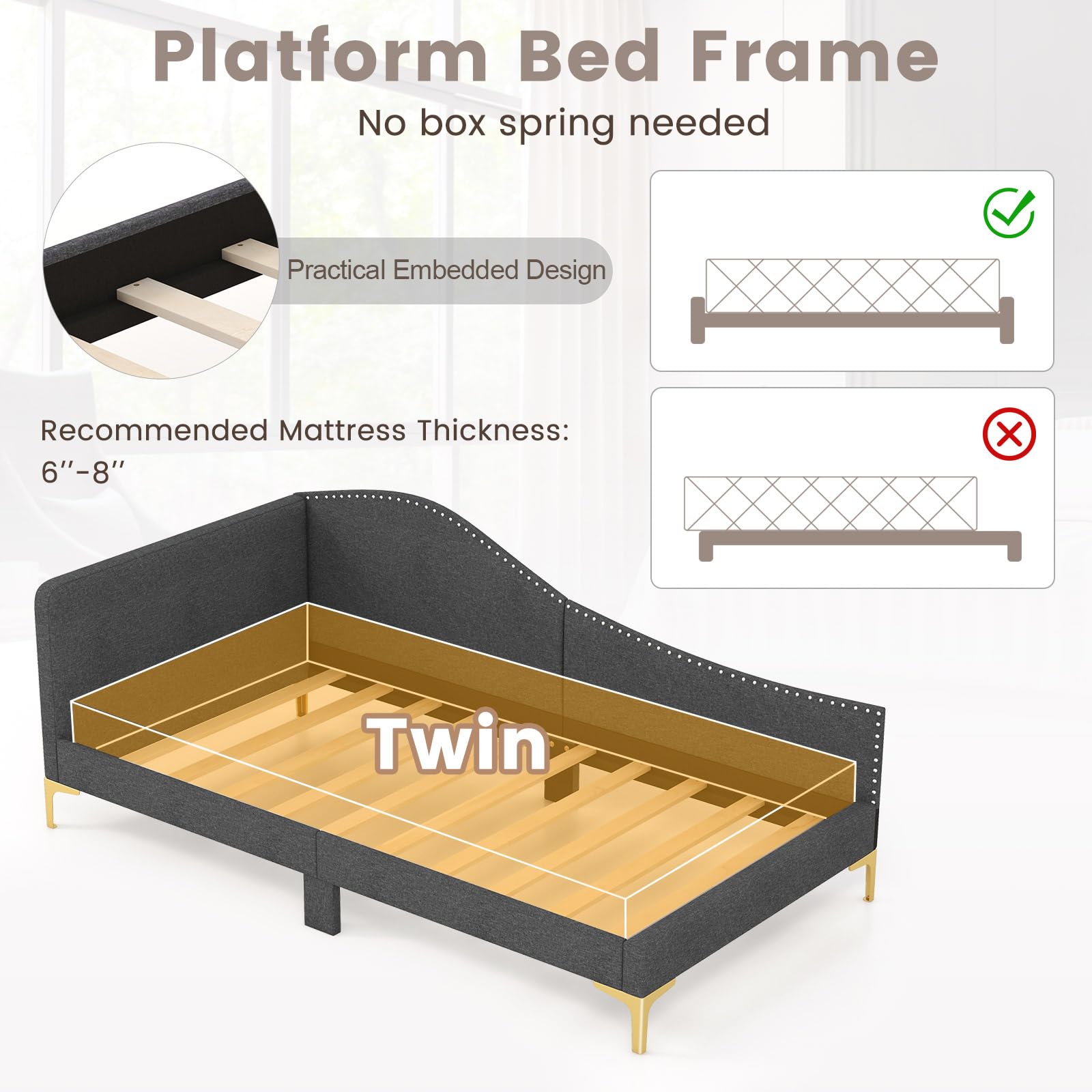 Giantex Twin Size Upholstered Daybed, Rivet-Tufted Platform Bed with Headboard, Metal Legs & Wood Slats, L-Shaped Corner Sofa Bed for Living Room & Guest Room, No Box Spring Needed, Grey