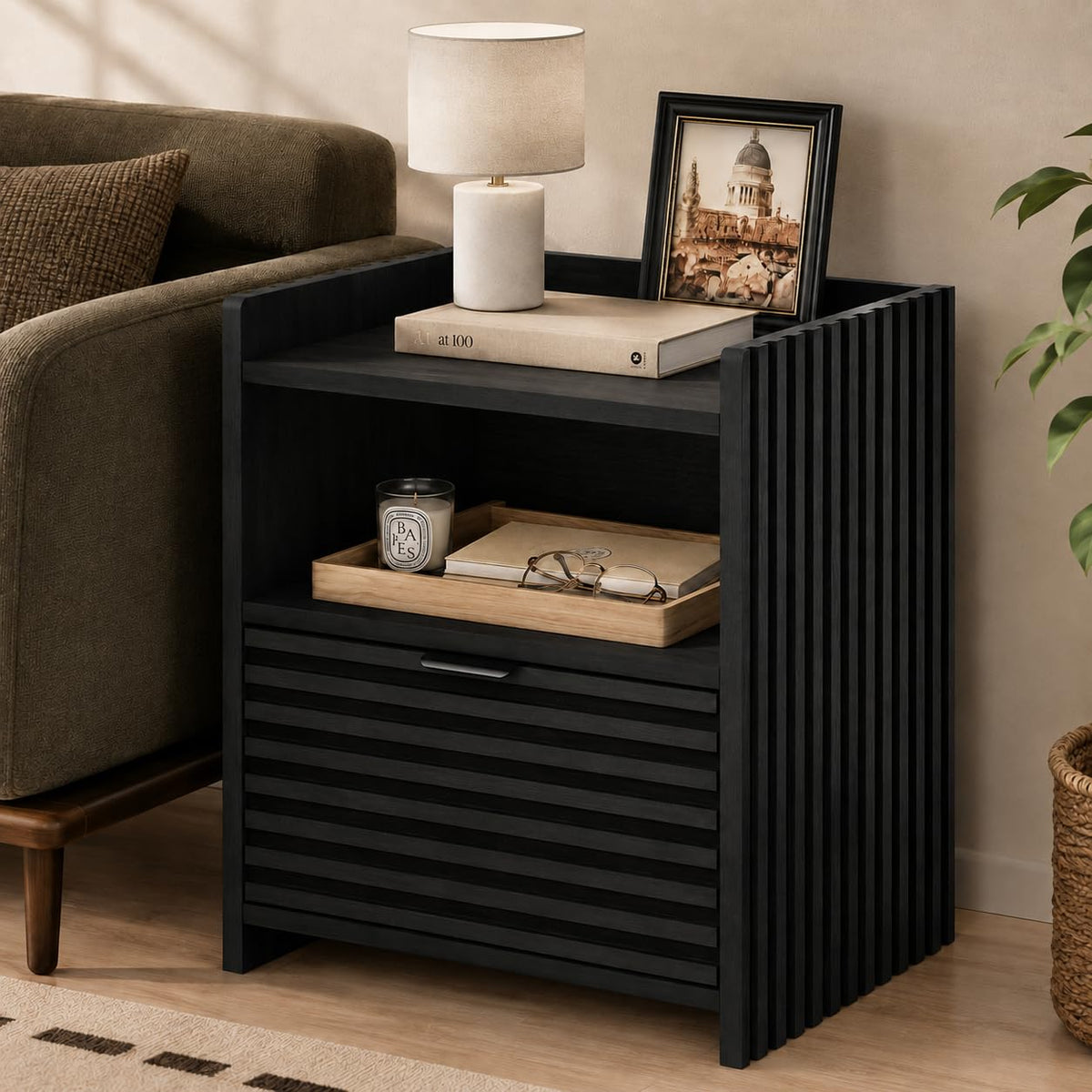 Black Fluted Nightstand with Drawer