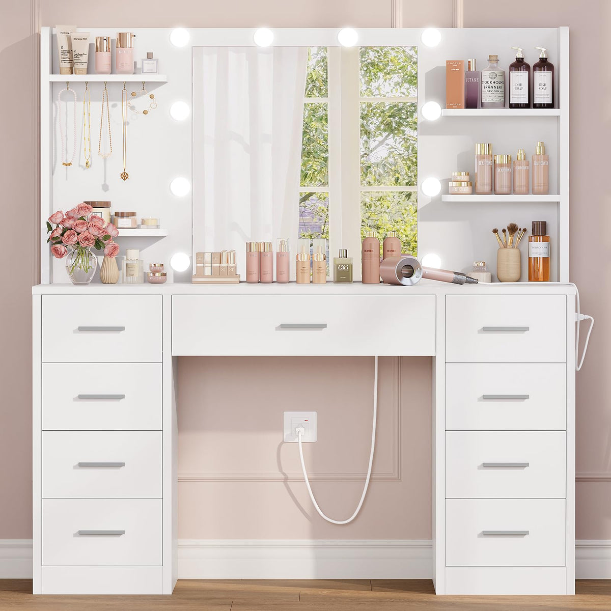 9-Drawer Vanity Desk with Lighted Mirror