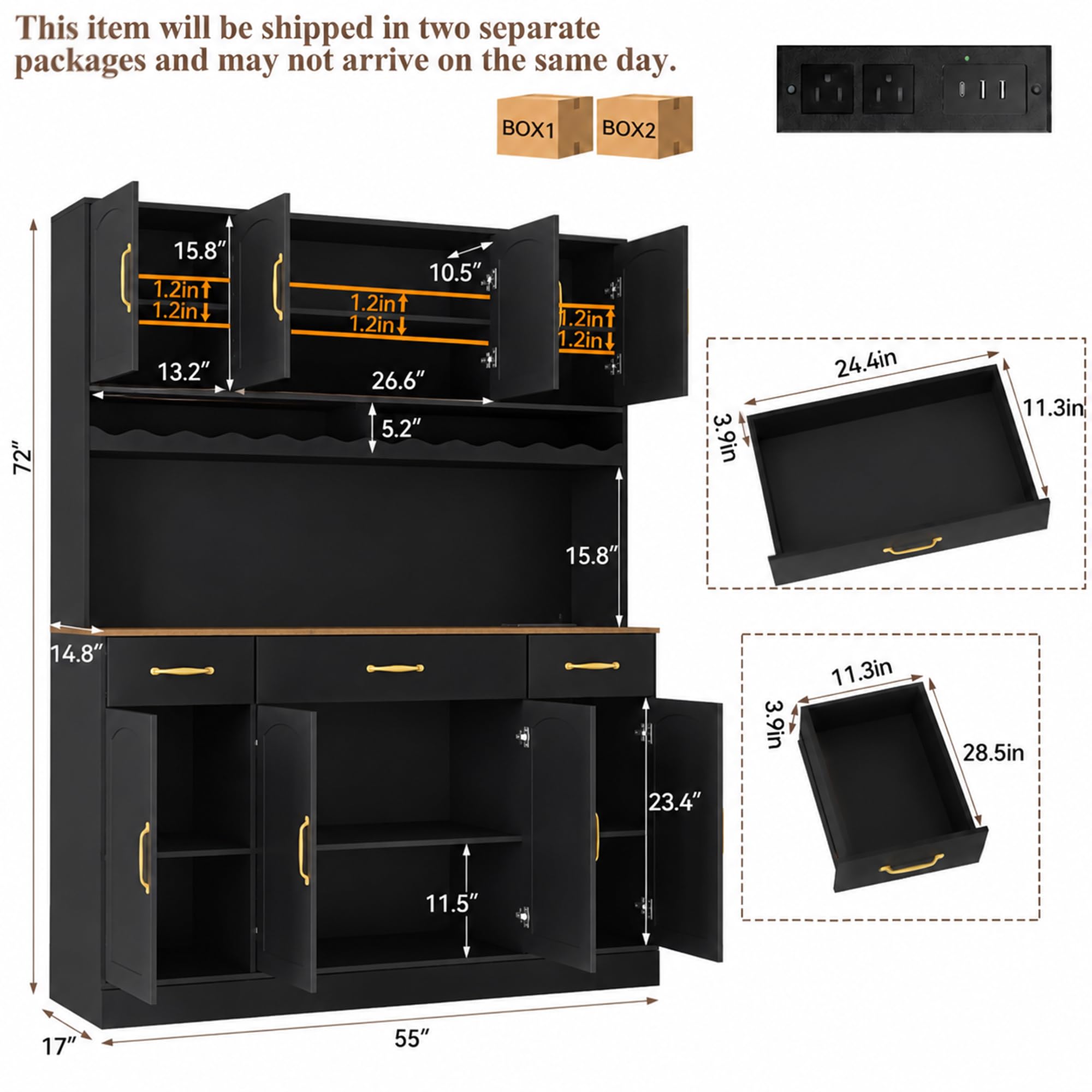 AXCIGOC 72" Tall Kitchen Pantry Cabinet with Charging Station 55" Wide Kitchen Hutch Cabinet with LED Light and Countertop Large Kitchen Cabinet with Adjustable Shelves and Wine Rack Black