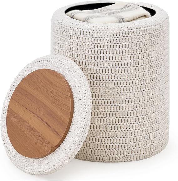 Round Knitted Cotton Pouf Ottoman with Wood Legs