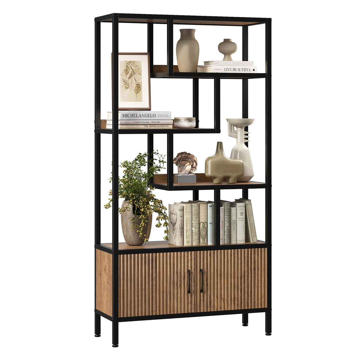 5-Tier Bookcase with Fluted Cabinet