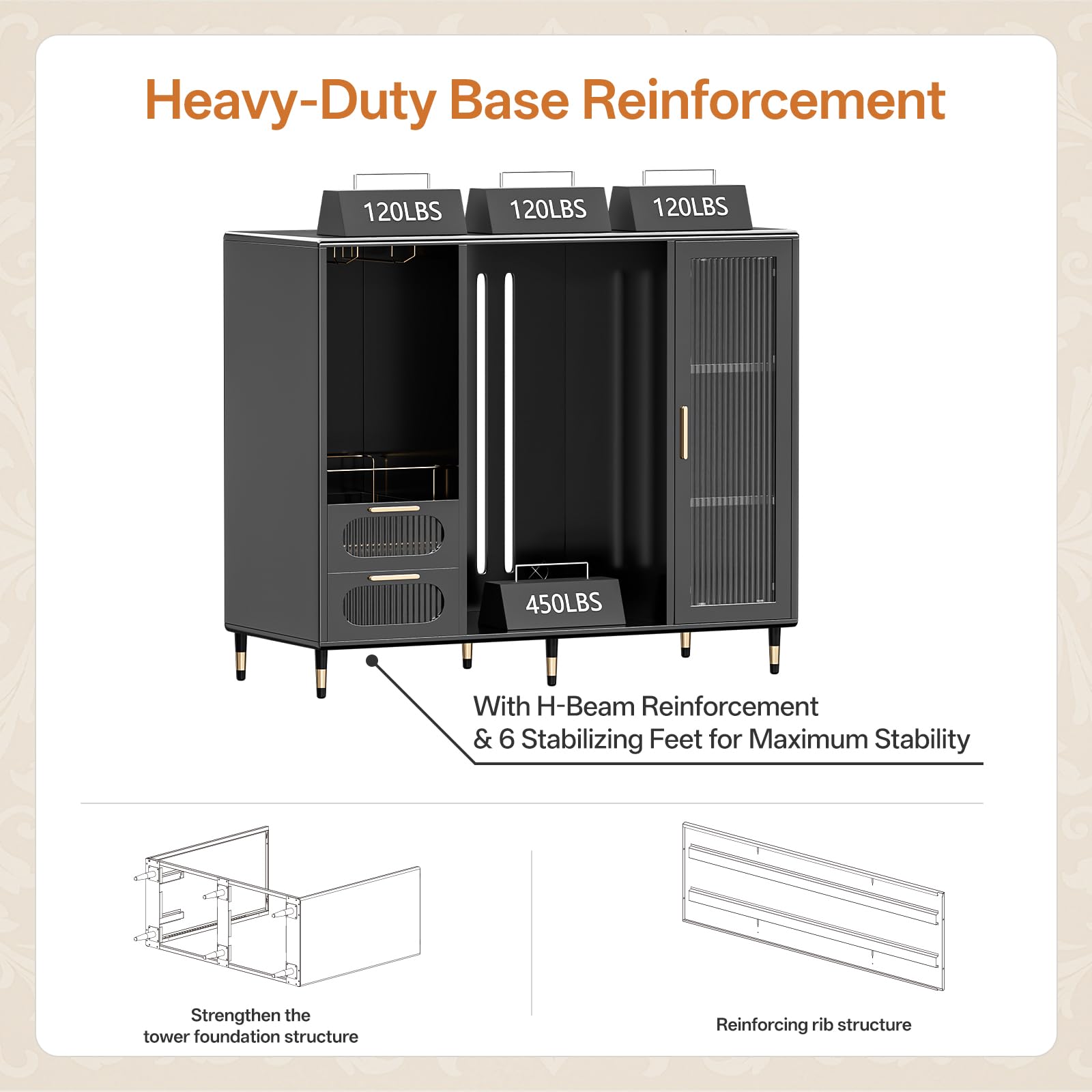 AUN Large Coffee Bar Cabinet with Fridge Space, Modern Luxury Coffee Bar Cabinet with Gold Accents, Wine Glass Rack & Glass Doors, 47.2-Inch Wide Multipurpose Display Storage Cabinet for Home, Black