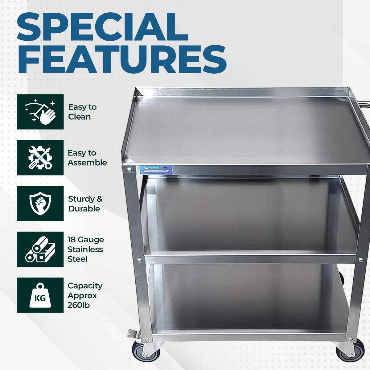 Express KitchQuip 33" x 21" Stainless Utility Cart, 3-Shelf, Casters, NSF