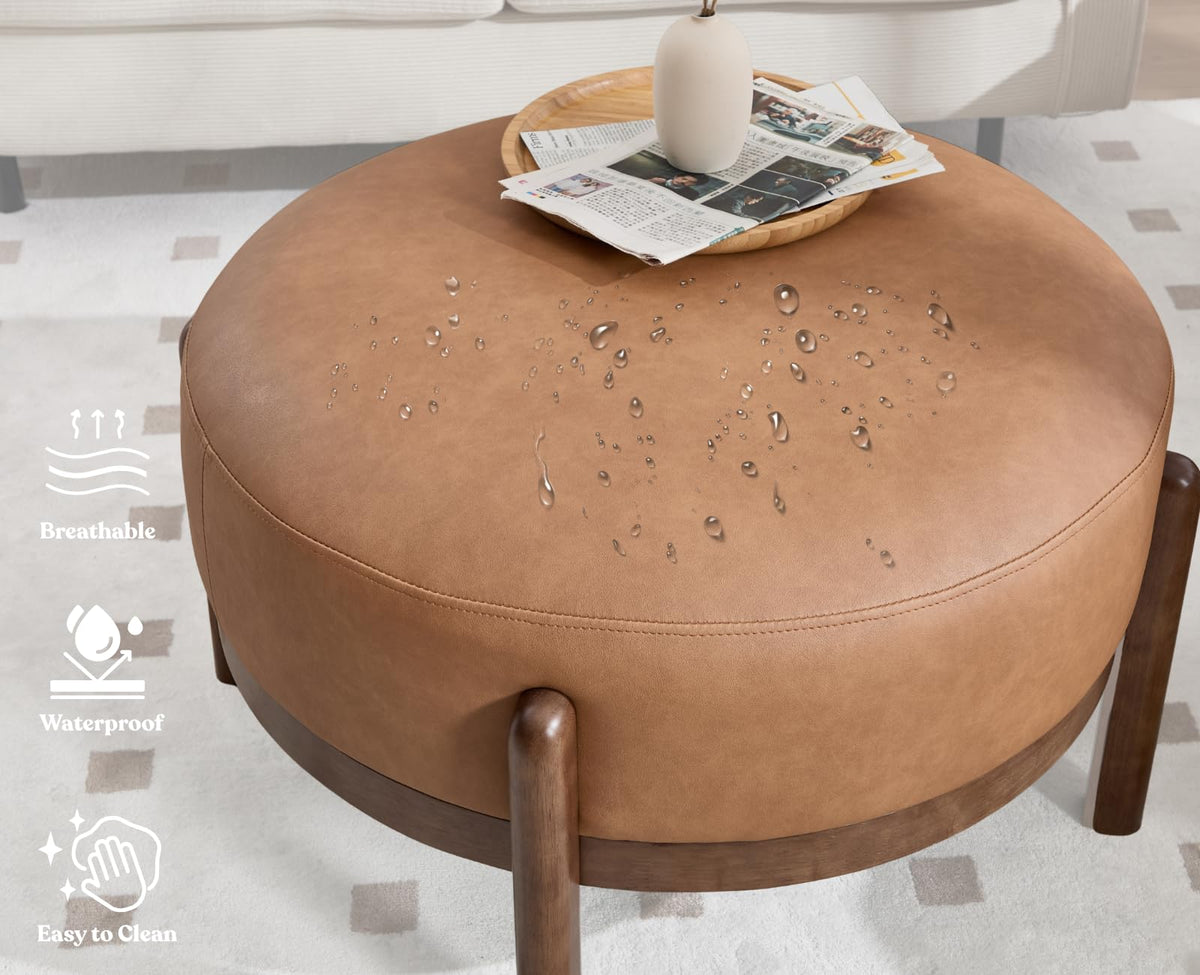 EALSON 29" Round Ottoman Modern Leather Upholstered Footstool Mid Century Large Footrest with Wooden Legs Soft Circle Ottoman Coffee Table for Bedroom/Entryway/Living Room/Dorm/Office, Brown