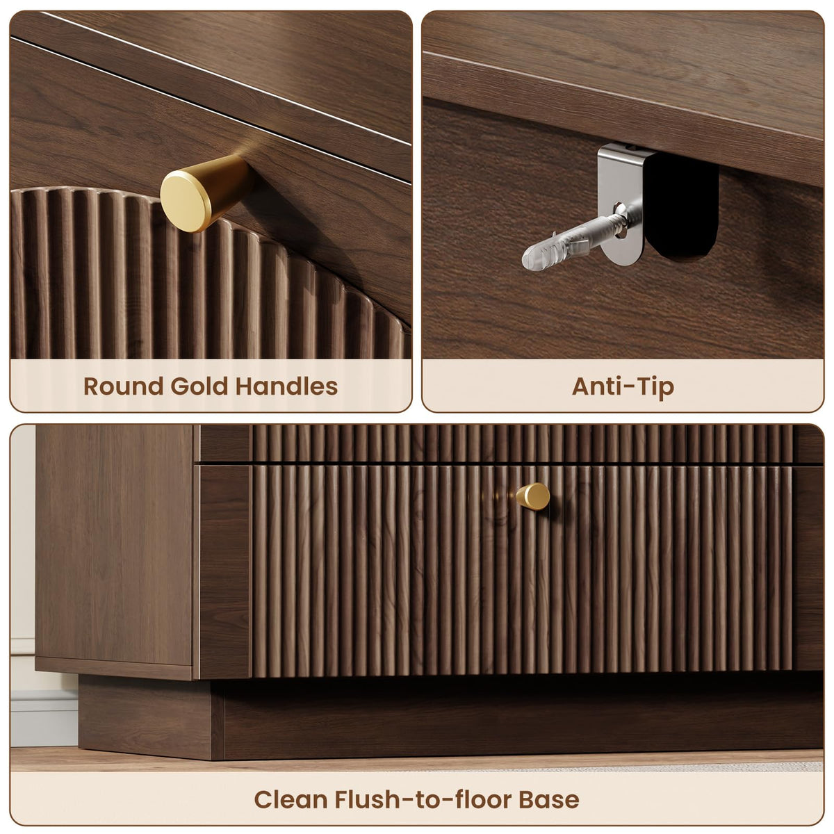 Herihome Arched Fluted Dresser for Bedroom with 6 Drawers 55" Wide Walnut