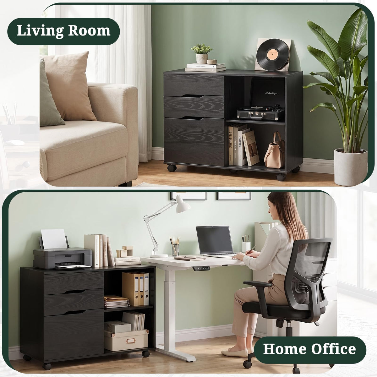Lateral File Cabinet with 3 Drawers, Rolling Filing Cabinet with Wheels