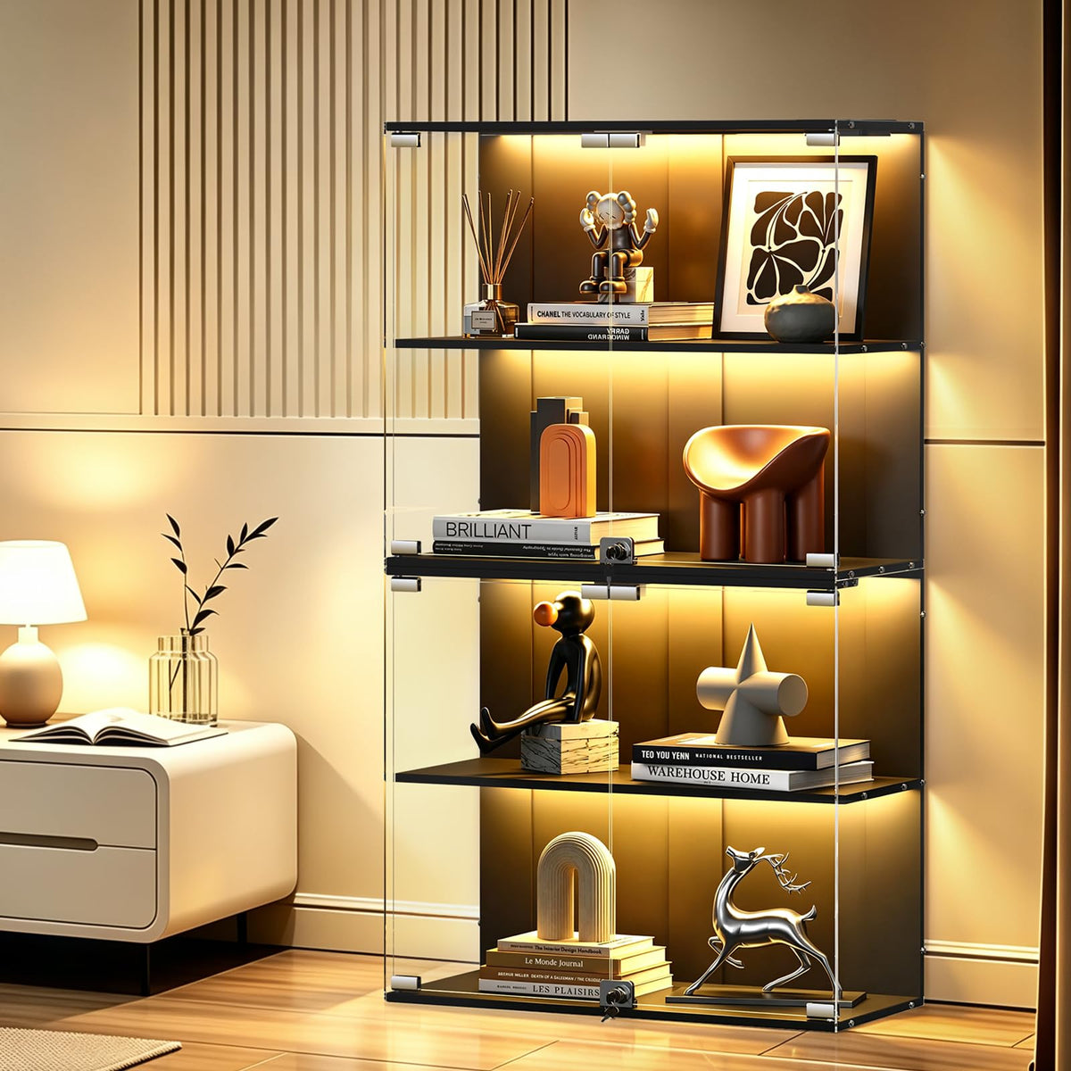 VersionTECH. Glass Display Cabinet with RGB Light, 4-Tier Curio Cabinets