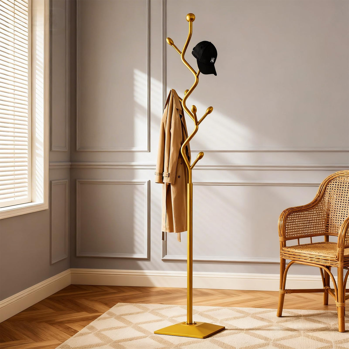 BUZUEY Gold Coat Rack Freestanding Metal Tree Coat Stand with Hooks,Modern Decorative Standing Hat Rack for Entryway Bedroom Living Room
