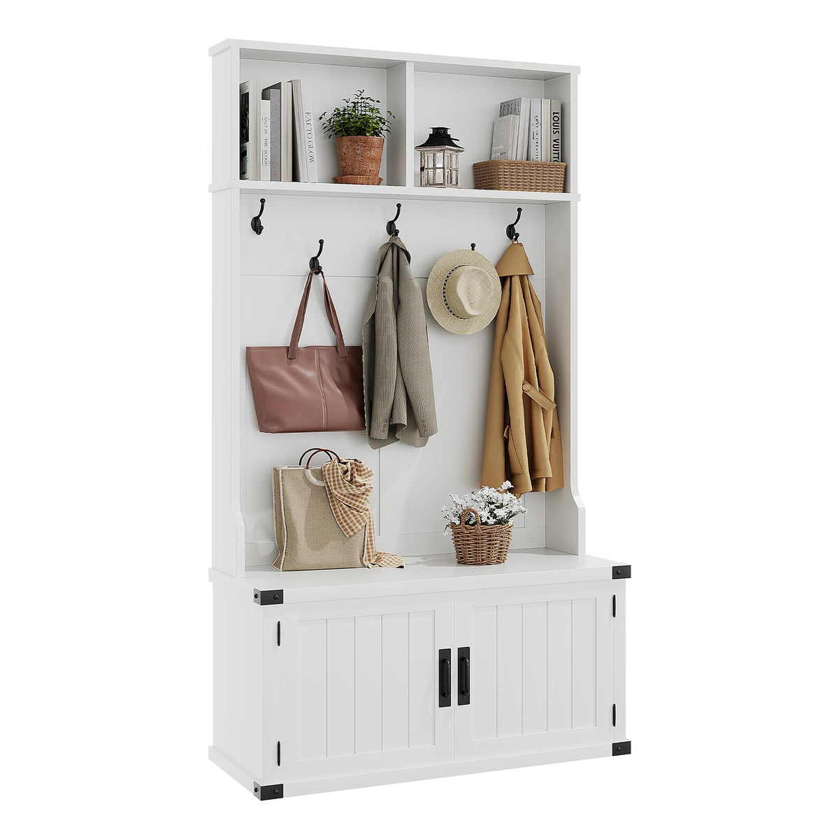 White Farmhouse Hall Tree with Shoe Storage