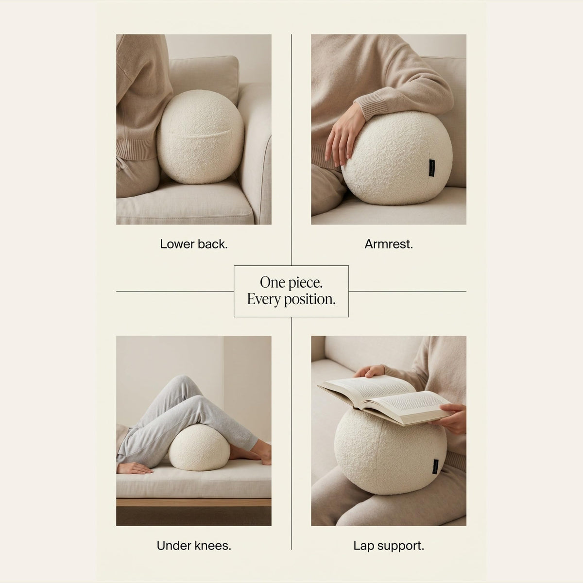 COZELA Orb Bouclé Sphere Pillow, 12 Inch Ergonomic Back & Arm Support, 600 GSM Textured Décor Throw Pillow with Hidden Pocket, White
